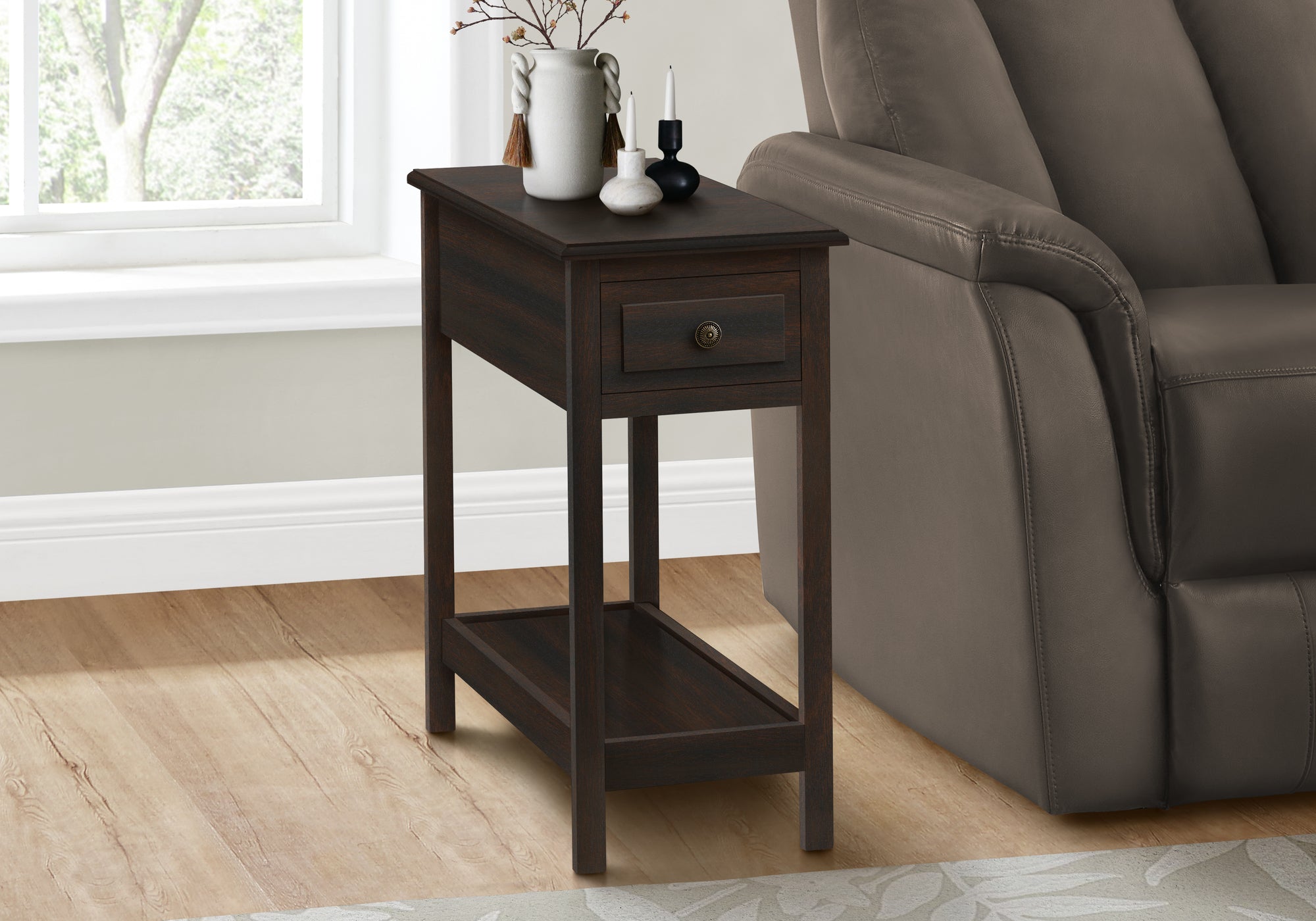 MN-923990    Accent Table, 2 Tier, End, Side Table, Narrow, Nightstand, Bedroom, Storage Drawer, Lamp, Brown Veneer, Transitional