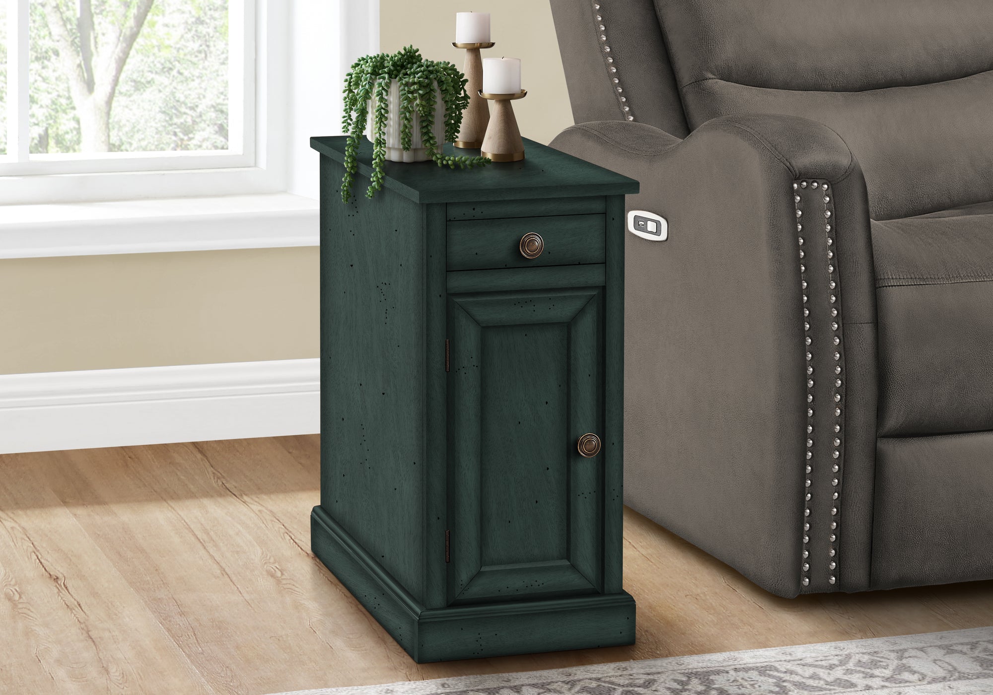MN-593992    Accent Table, End, Side Table, Nightstand, Narrow, Bedroom, Lamp, Storage Drawer, Antique Blue Veneer, Traditional