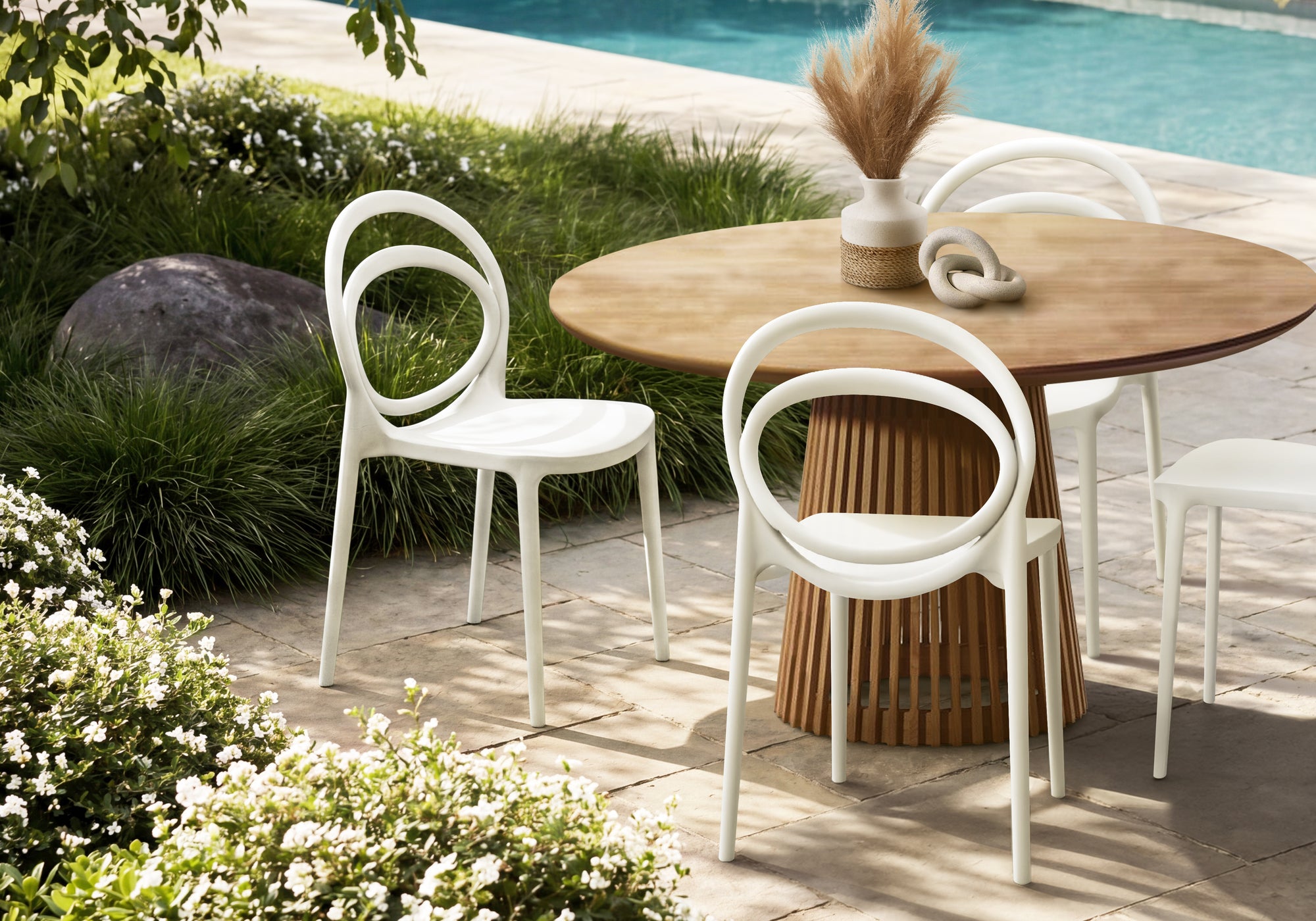 MN-624005    Outdoor Chair, 32"h, Stacking Dining Chair, Patio Chairs, Set Of 4, White, Contemporary, Modern