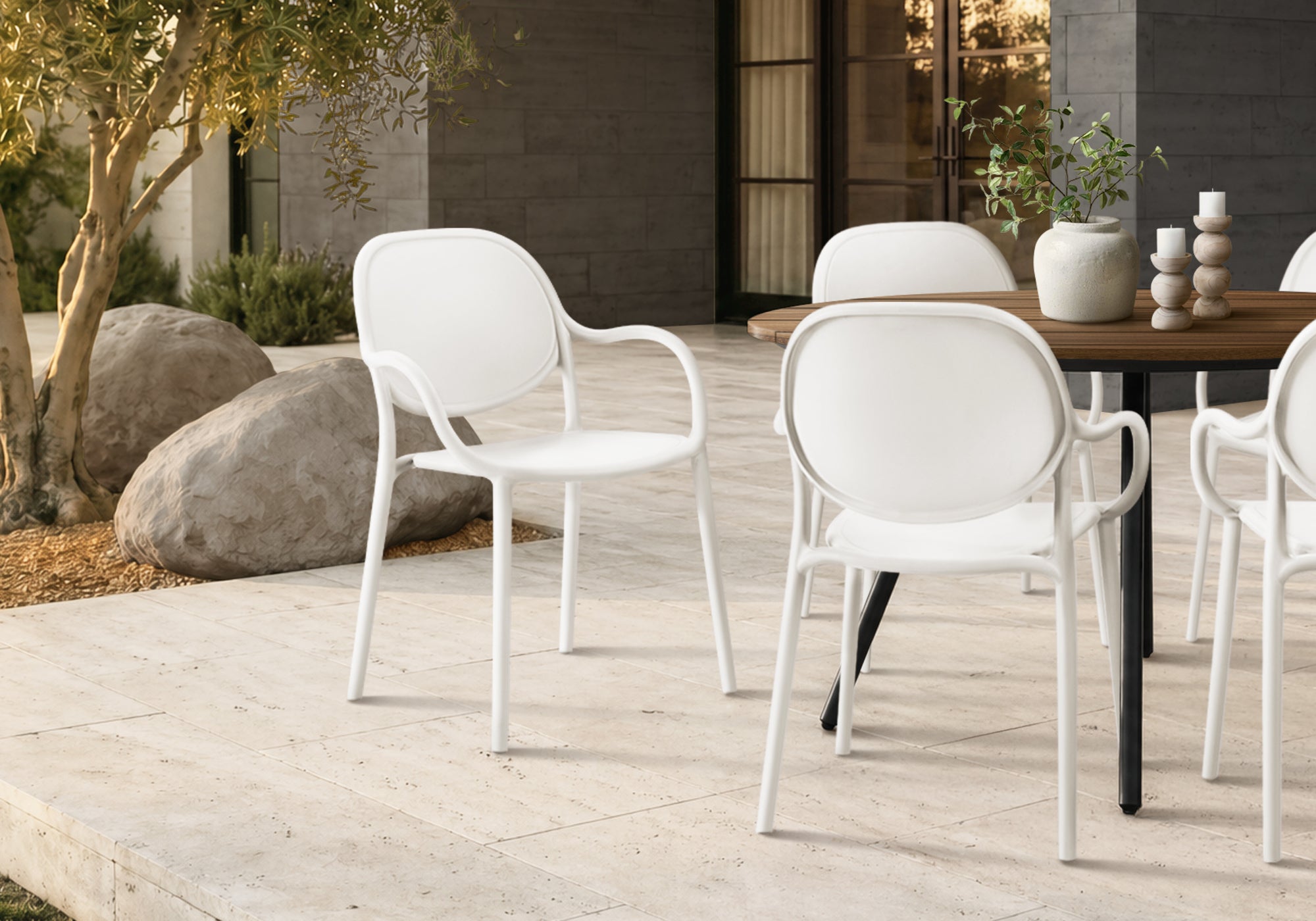 MN-764020    Outdoor Chair, 32"h, Stacking Dining Armchair, Patio Chairs, Set Of 4, White, Contemporary, Modern