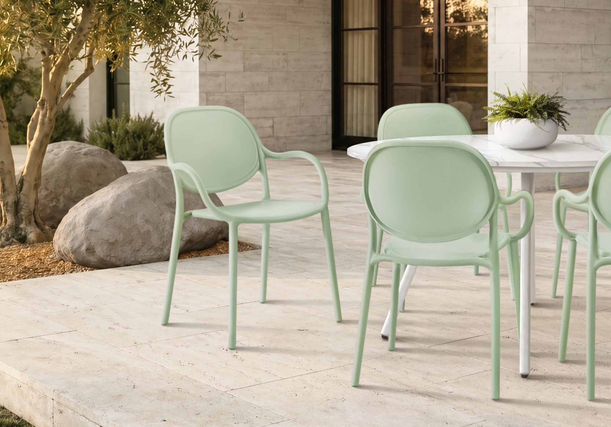 MN-794023    Outdoor Chair, 32"h, Stacking Dining Armchair, Patio Chairs, Set Of 4, Sea Green, Contemporary, Modern
