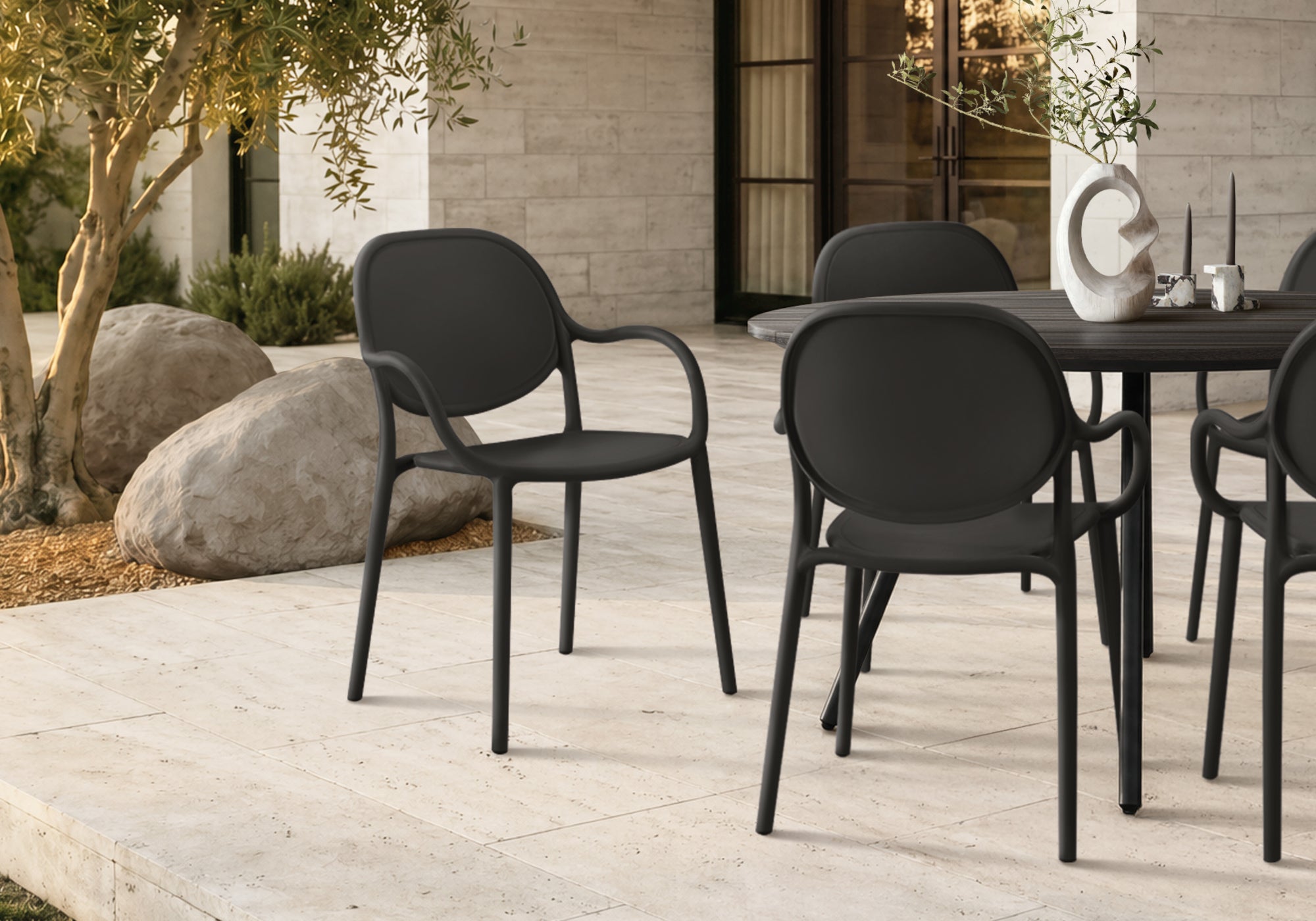 MN-804024    Outdoor Chair, 32"h, Stacking Dining Armchair, Patio Chairs, Set Of 4, Black, Contemporary, Modern