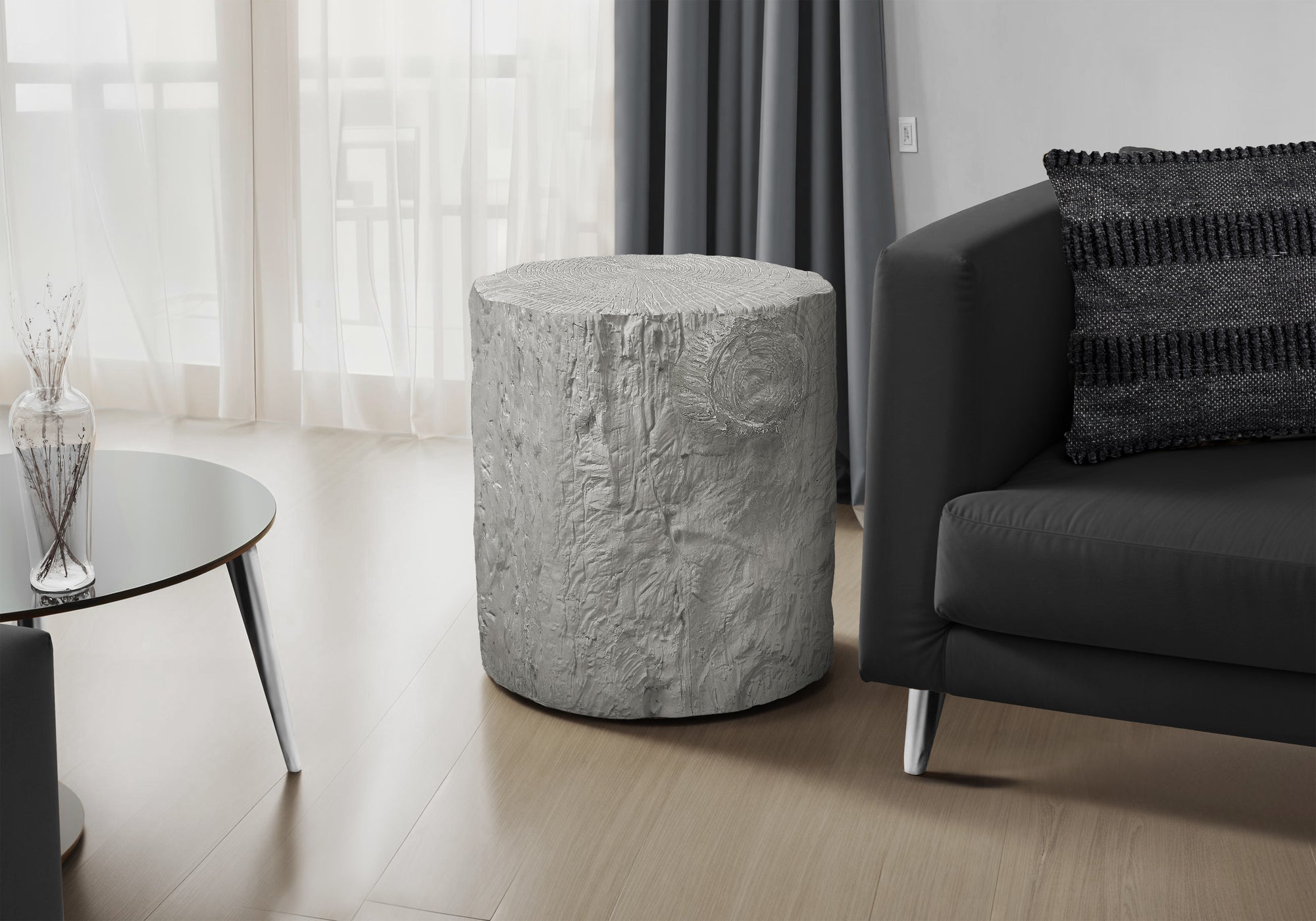 MN-V194120    Accent Table, 25"H, Indoor Or Outdoor, Drum, End, Nightstand, Round, Side Table, Living Room, Bedroom, Grey, Contemporary, Modern