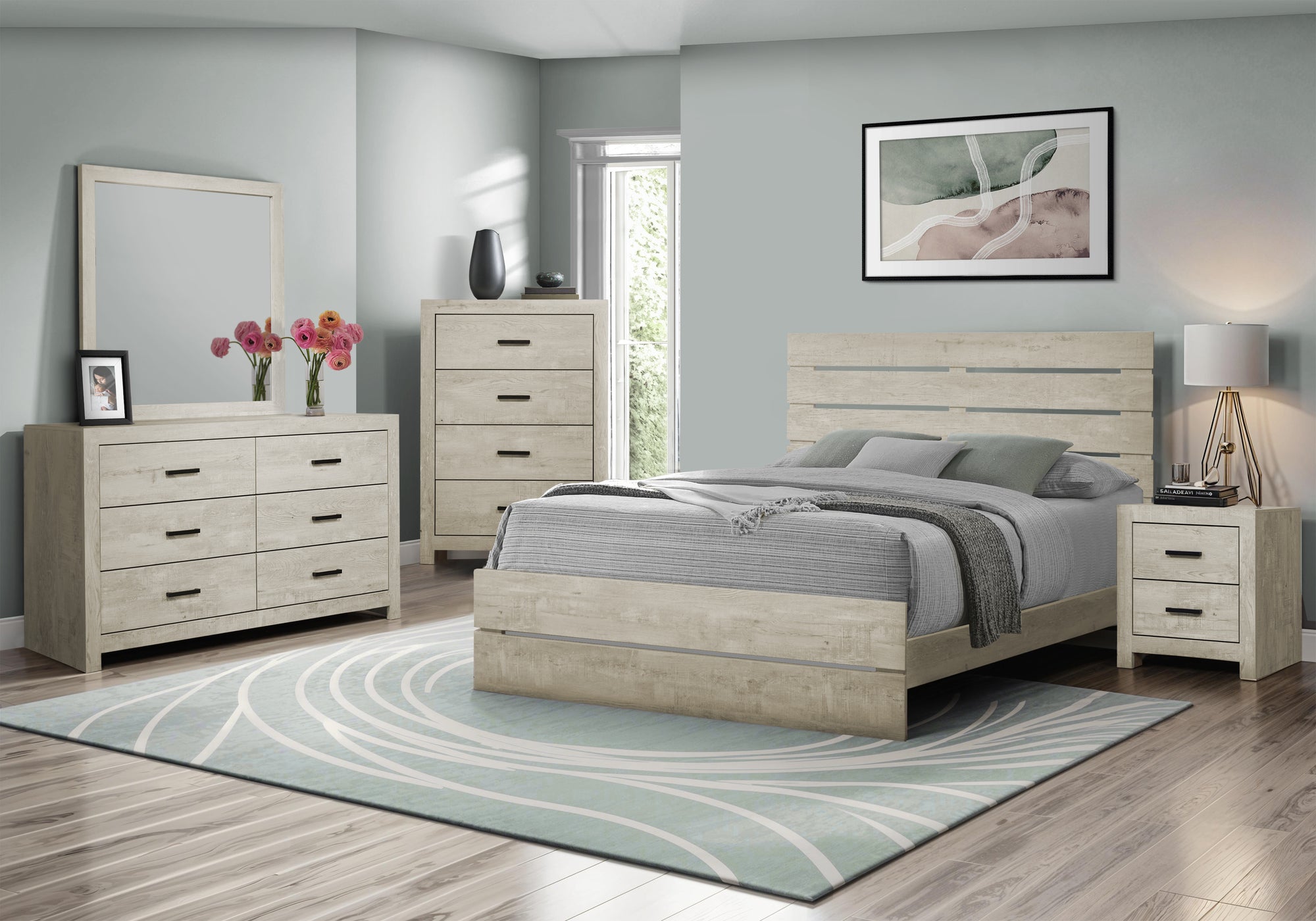 MN-165200Q    Bedroom Set, Queen Size Bed, Bleached Oak, Contemporary, Modern