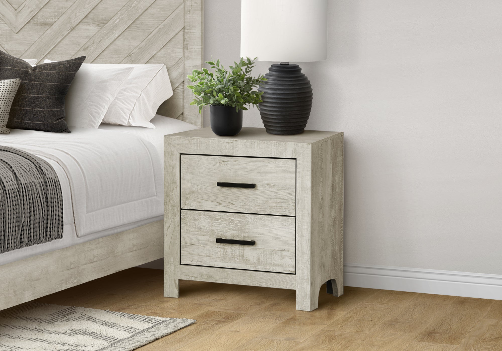 MN-355223    Bedroom Set, Two Drawer Nightstand, Bleached Oak, Contemporary, Modern