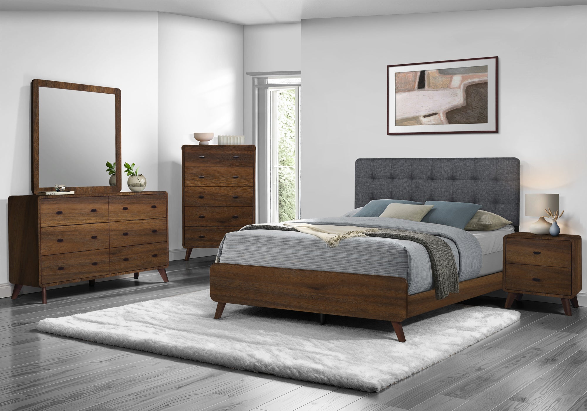 MN-375230Q    Bedroom Set, Queen Size Bed, Walnut, Grey Fabric, Mid Century