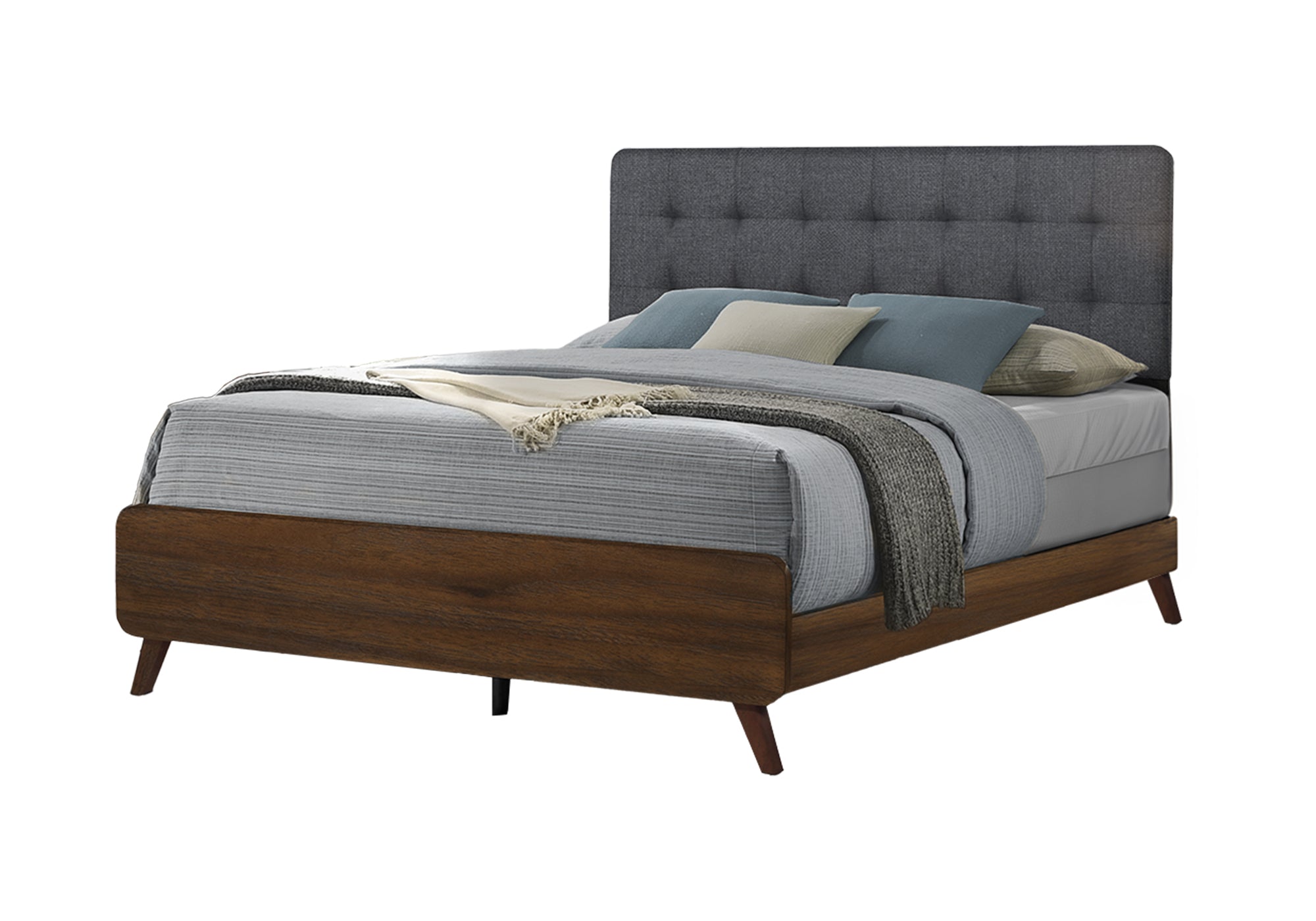 MN-375230Q    Bedroom Set, Queen Size Bed, Walnut, Grey Fabric, Mid Century