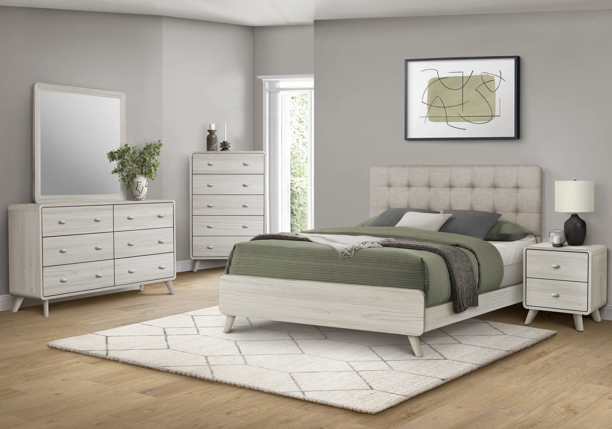 MN-425235Q    Bedroom Set, Queen Size Bed, Grey Oak, Beige Fabric, Mid Century