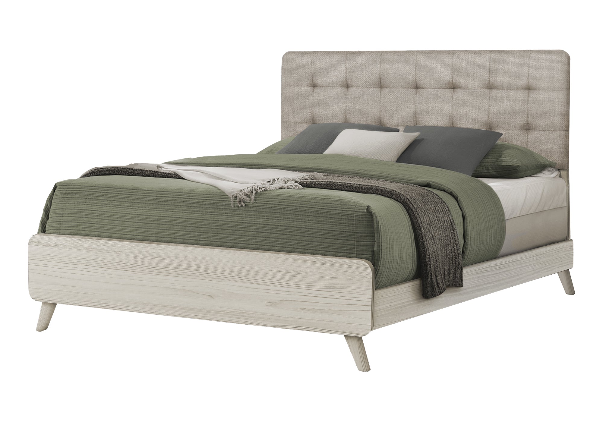 MN-425235Q    Bedroom Set, Queen Size Bed, Grey Oak, Beige Fabric, Mid Century