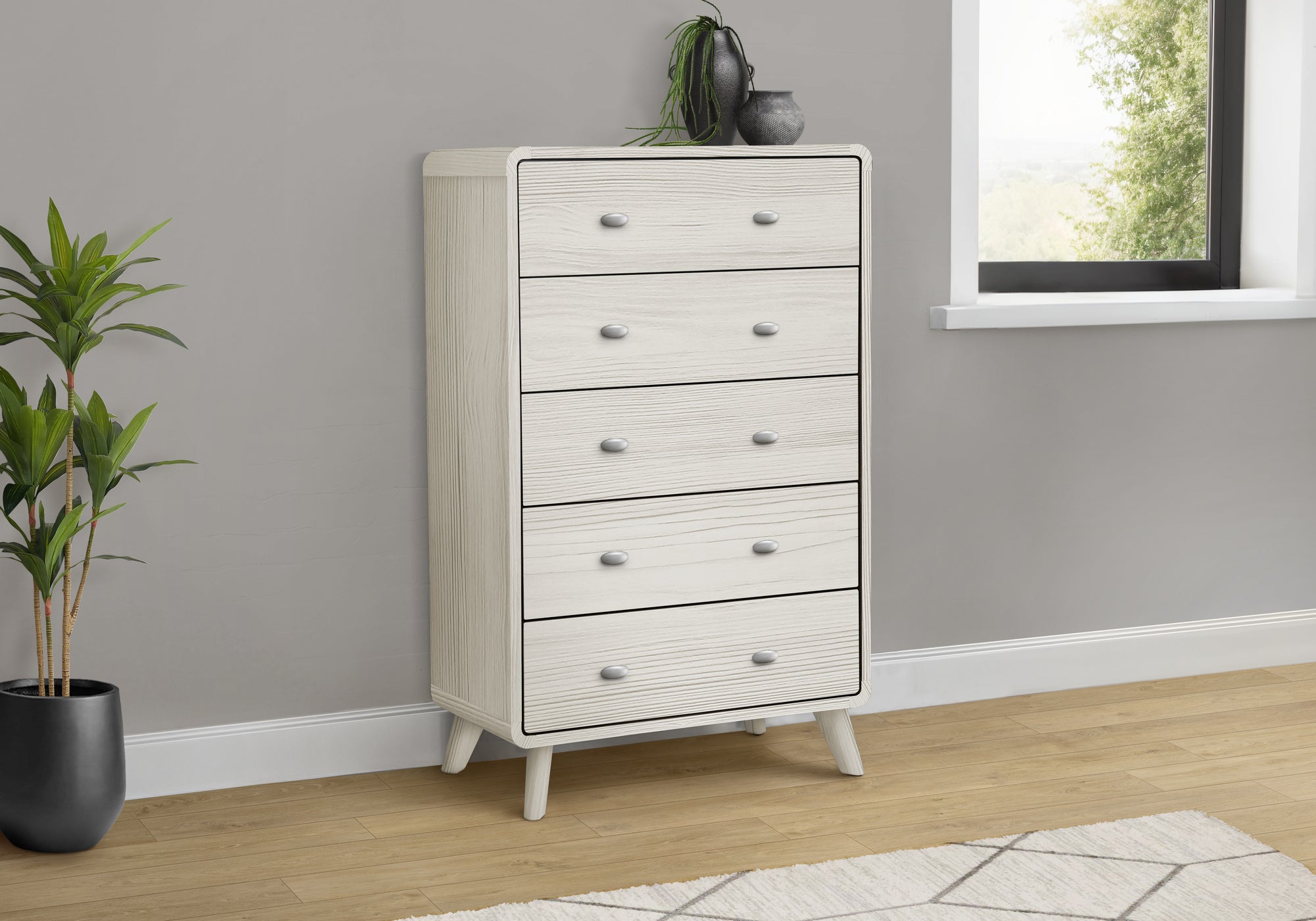 MN-465239    Bedroom Set, 5 Drawer Chest, Grey Oak, Mid Century