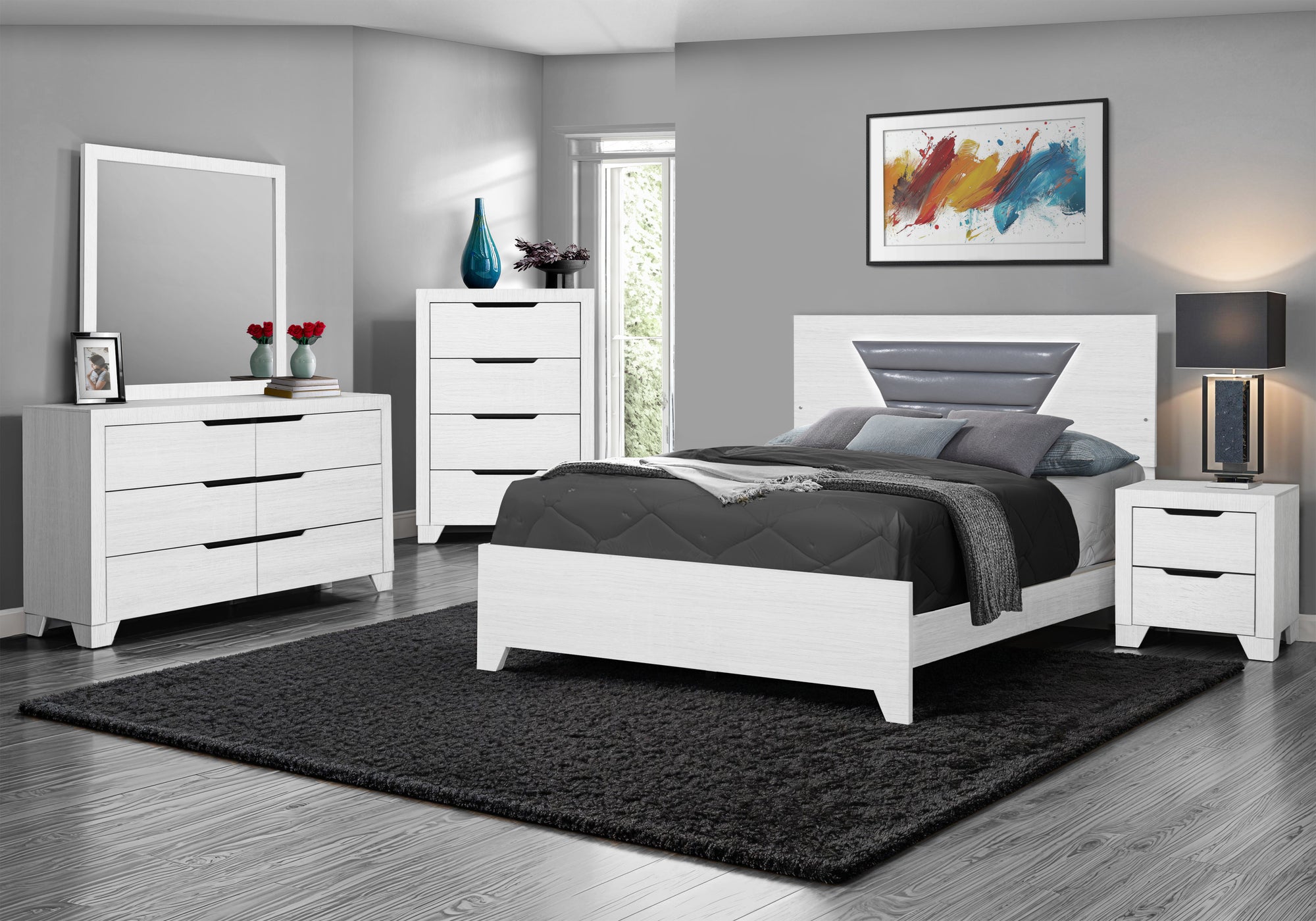MN-475240Q    Bedroom Set, Queen Size Bed, White Wood Grain, Grey Leather Look, Contemporary, Modern
