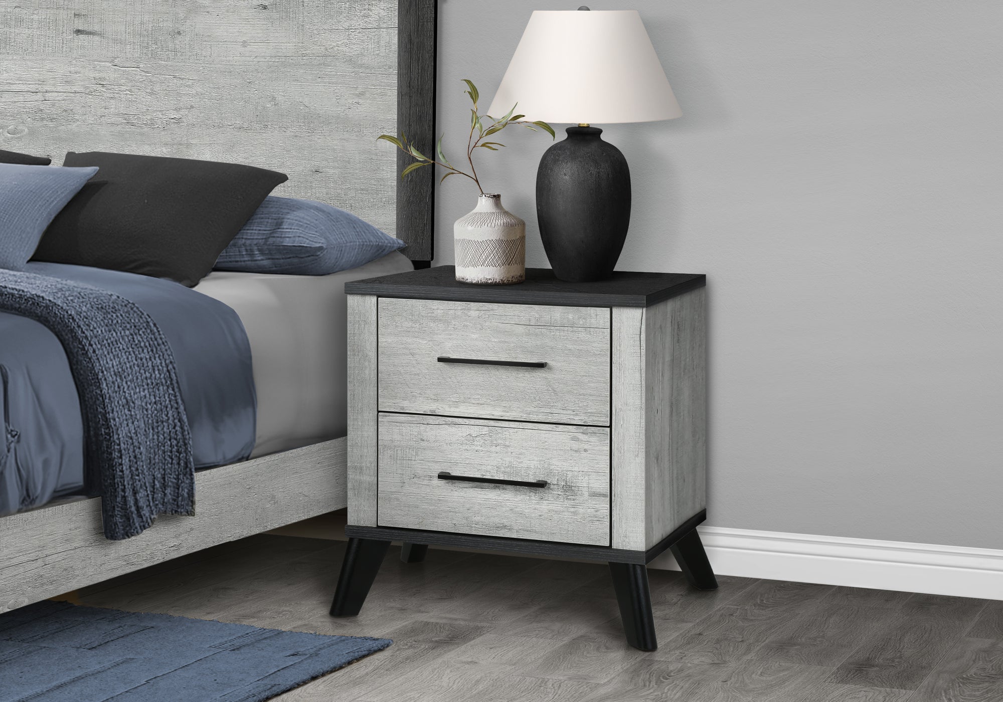 MN-555253    Bedroom Set, Two Drawer Nightstand, Grey Reclaimed, Black, Contemporary, Modern