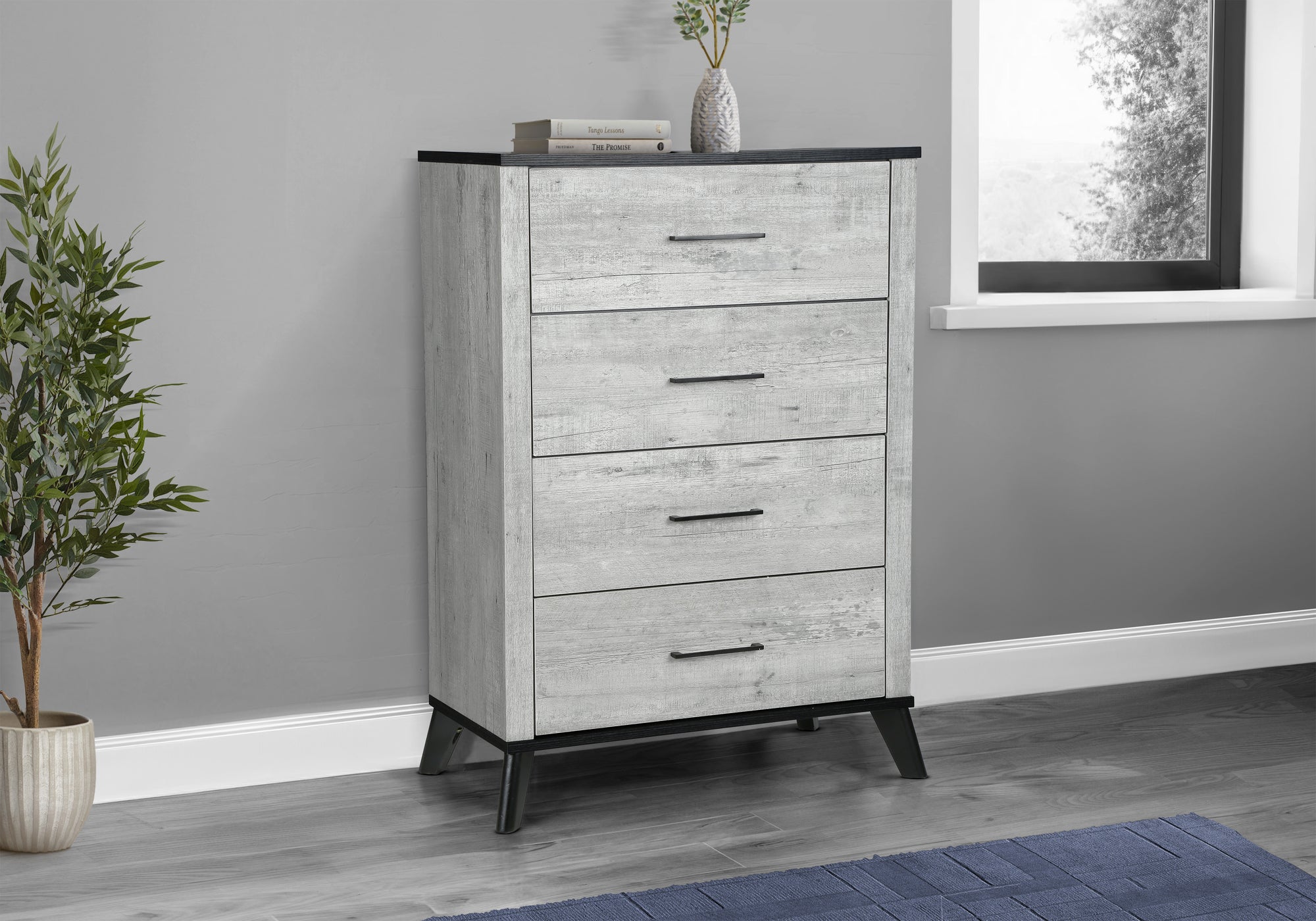 MN-565254    Bedroom Set, 4 Drawer Chest, Grey Reclaimed, Black, Contemporary, Modern