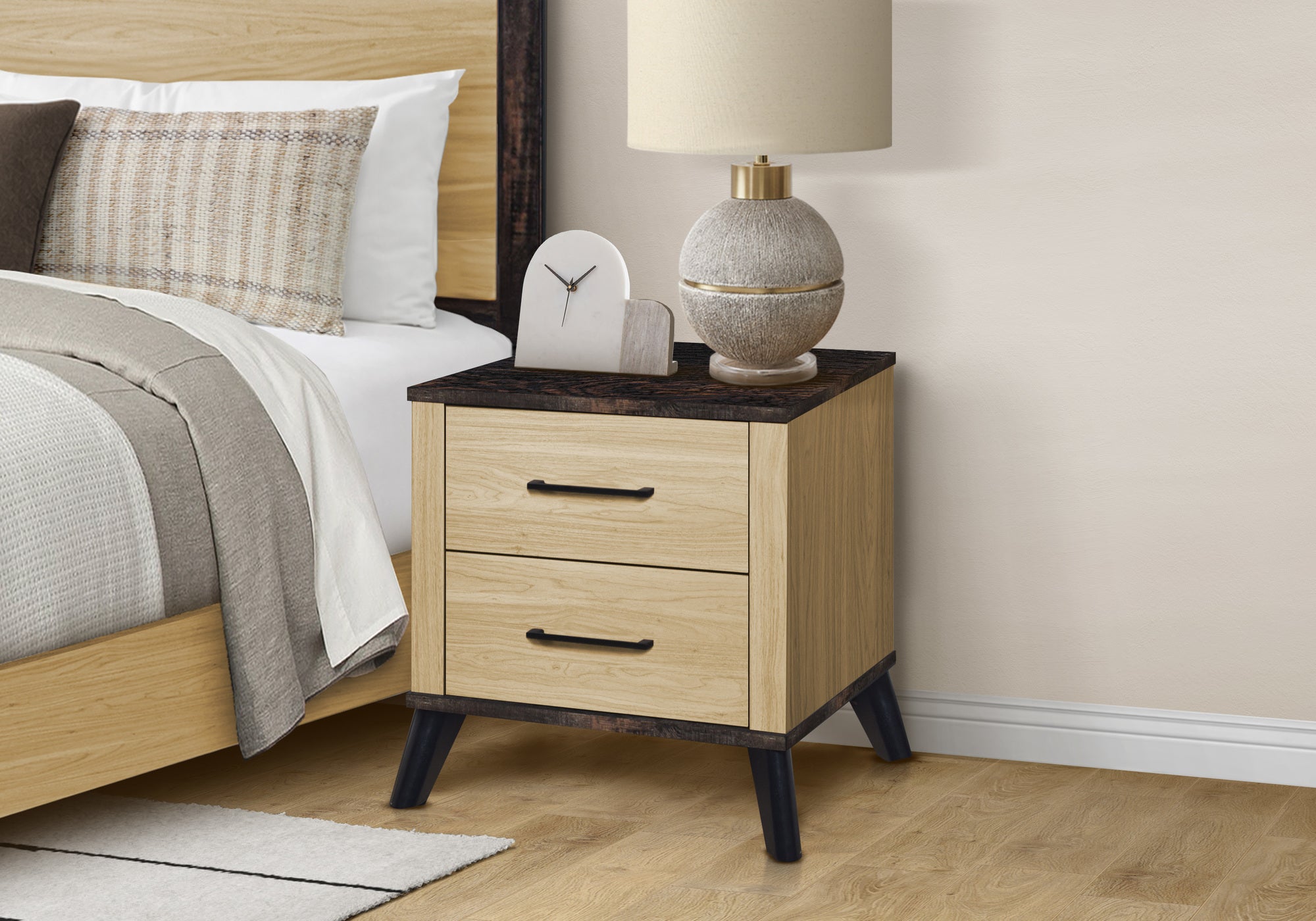 MN-605258    Bedroom Set, Two Drawer Nightstand, Light Oak Laminate, Rustic Oak Laminate, Contemporary, Modern