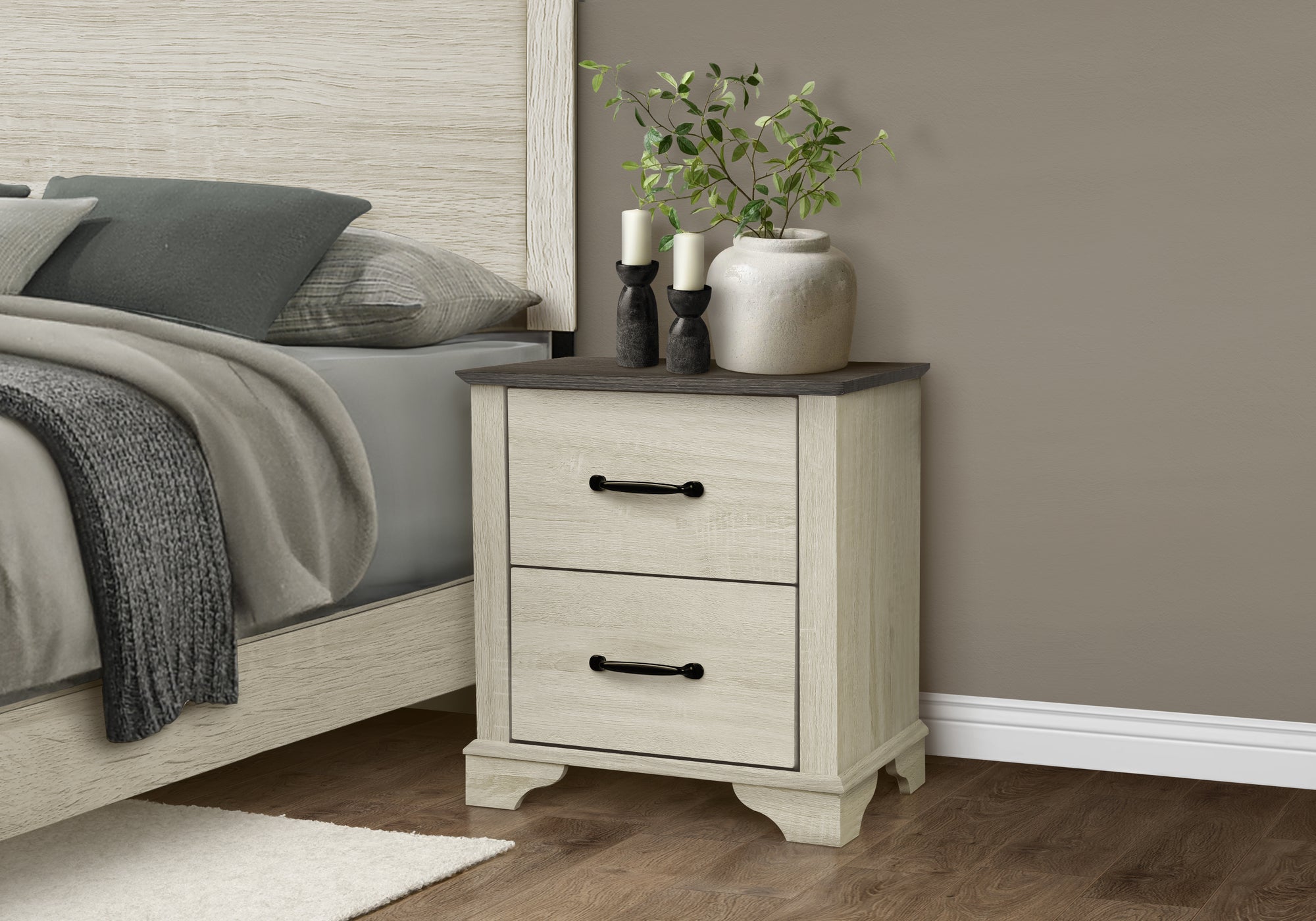 MN-655263    Bedroom Set, Two Drawer Nightstand, Bleached Oak, Brown Oak, Transitional