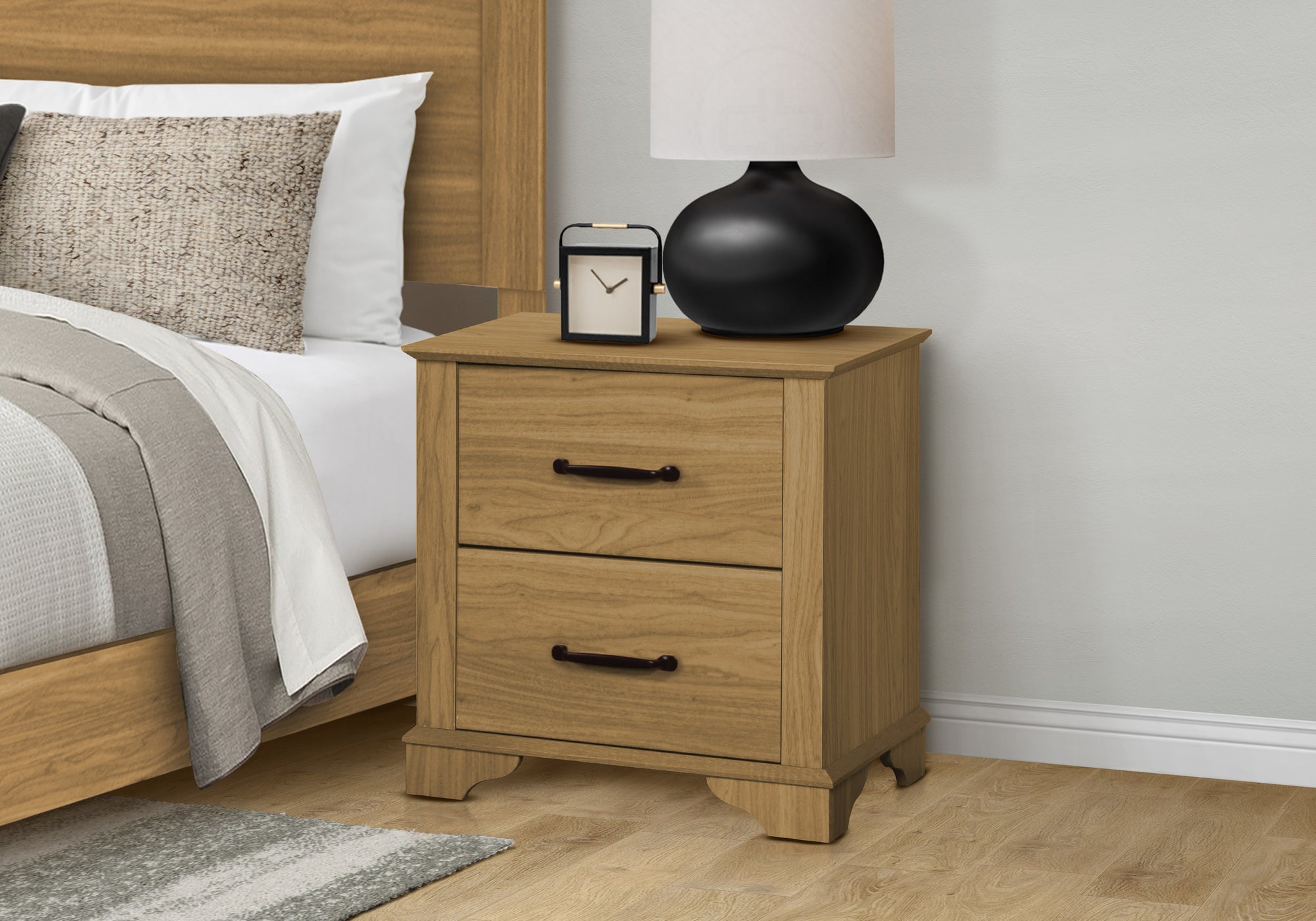 MN-705268    Bedroom Set, Two Drawer Nightstand, Medium Oak Laminate, Transitional