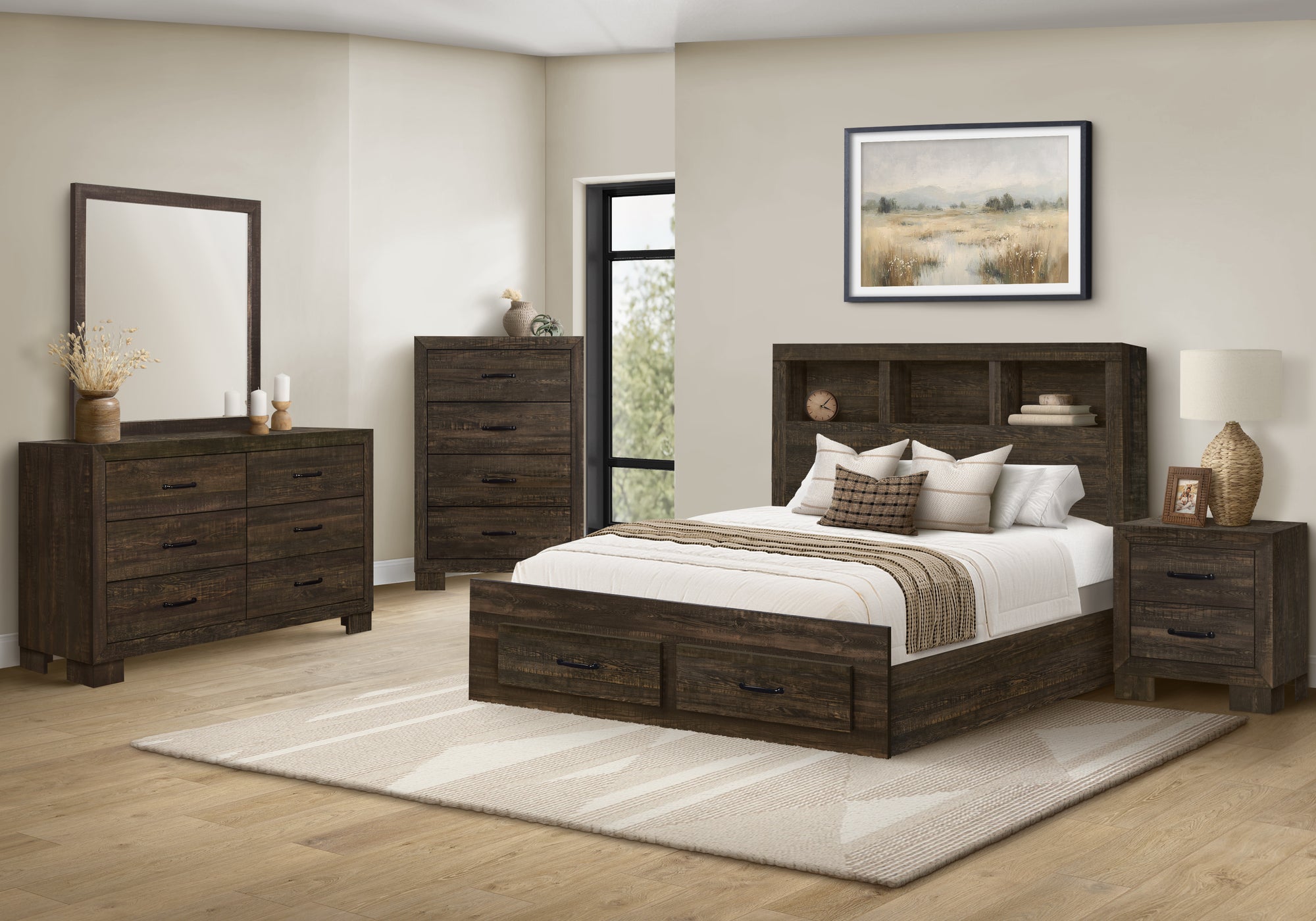 MN-725270Q    Bedroom Set, Queen Size Bed, Rustic Oak Laminate, Transitional