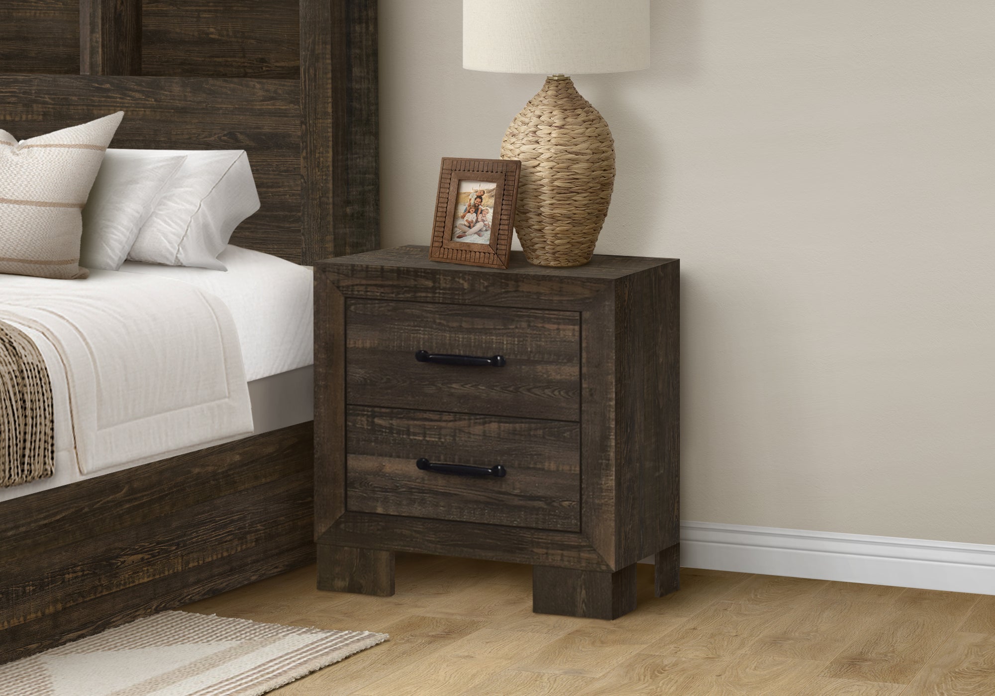 MN-755273    Bedroom Set, Two Drawer Nightstand, Rustic Oak Laminate, Transitional