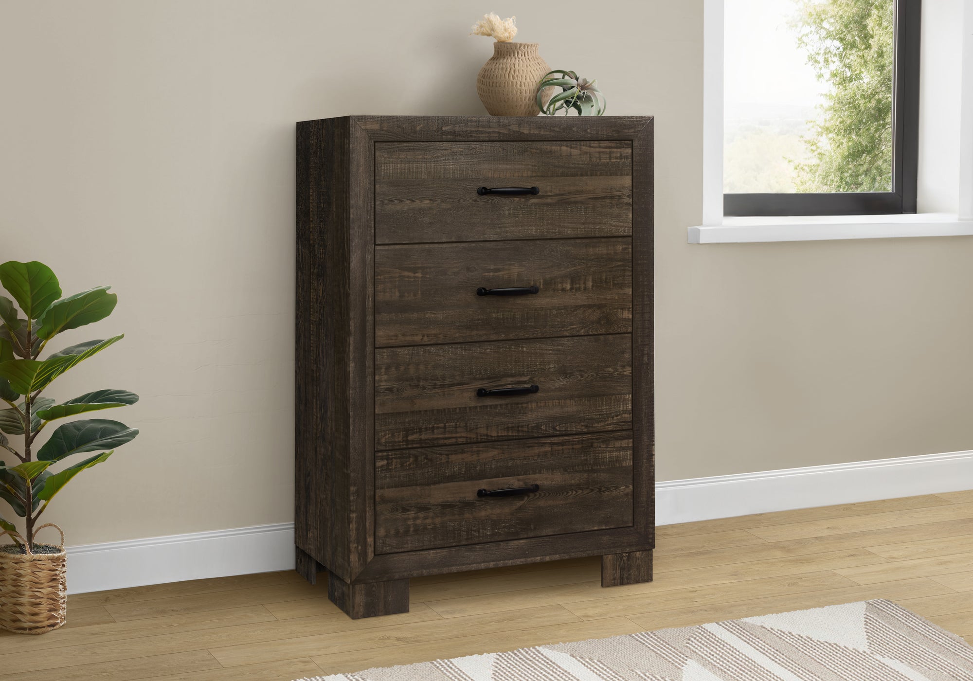MN-765274    Bedroom Set, 4 Drawer Chest, Rustic Oak Laminate, Transitional
