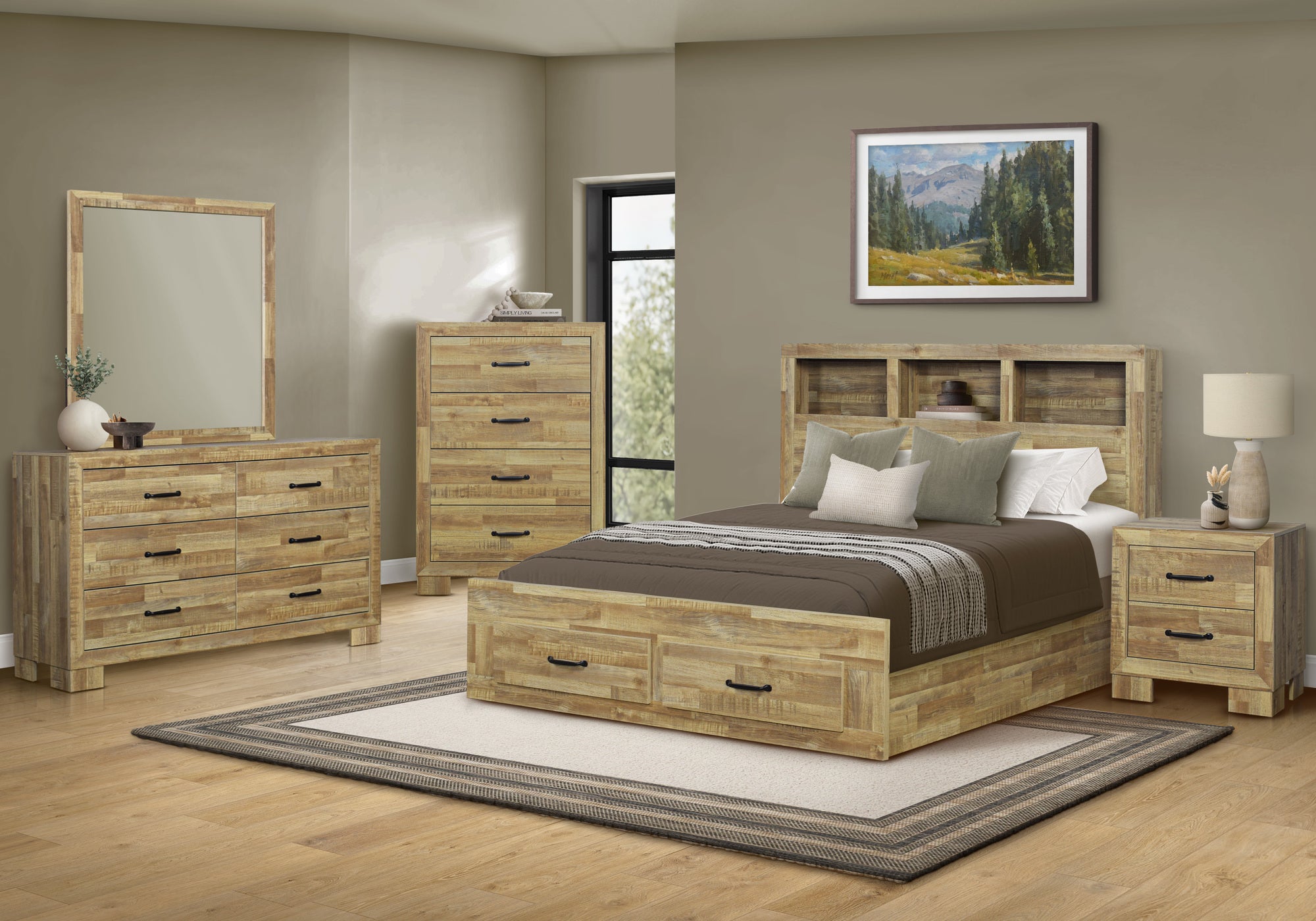 MN-775275Q    Bedroom Set, Queen Size Bed, Medium Oak Laminate, Transitional
