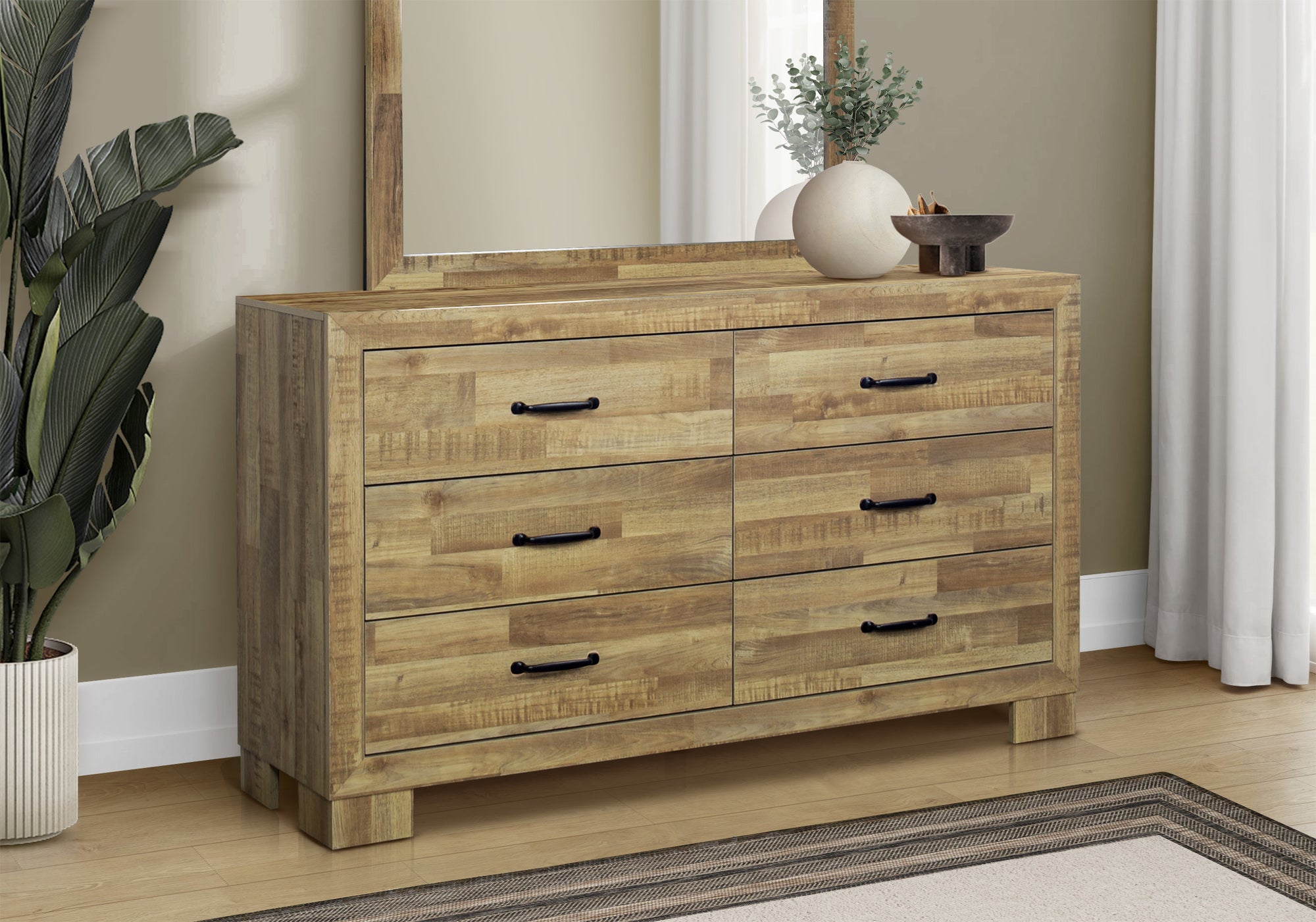 MN-785276    Bedroom Set, 6 Drawer Dresser, Medium Oak Laminate, Transitional