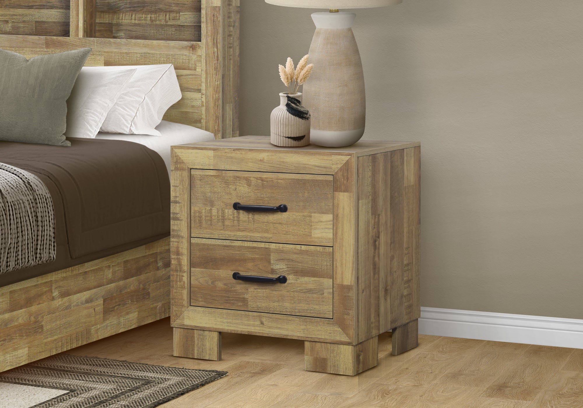 MN-805278    Bedroom Set, Two Drawer Nightstand, Medium Oak Laminate, Transitional