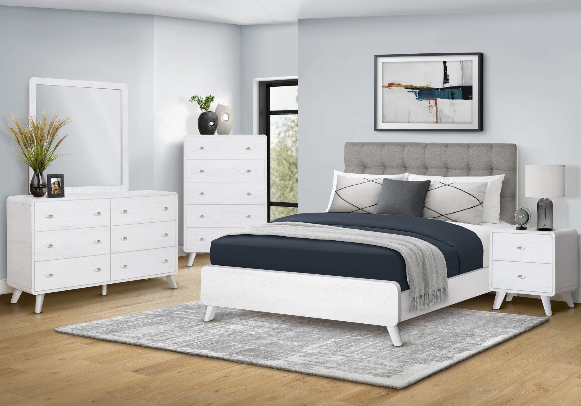 MN-875290Q    Bedroom Set, Queen Size Bed, White Wood Grain, Mid Century, Modern