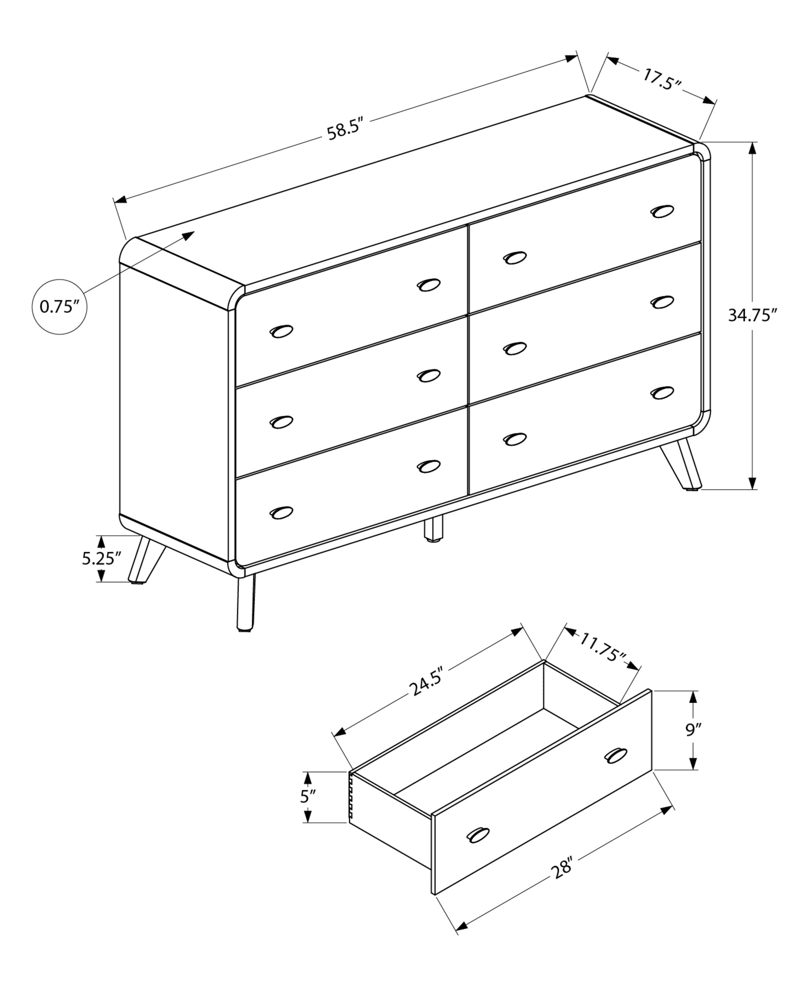 MN-885291    Bedroom Set, 6 Drawer Dresser, White Wood Grain, Mid Century, Modern