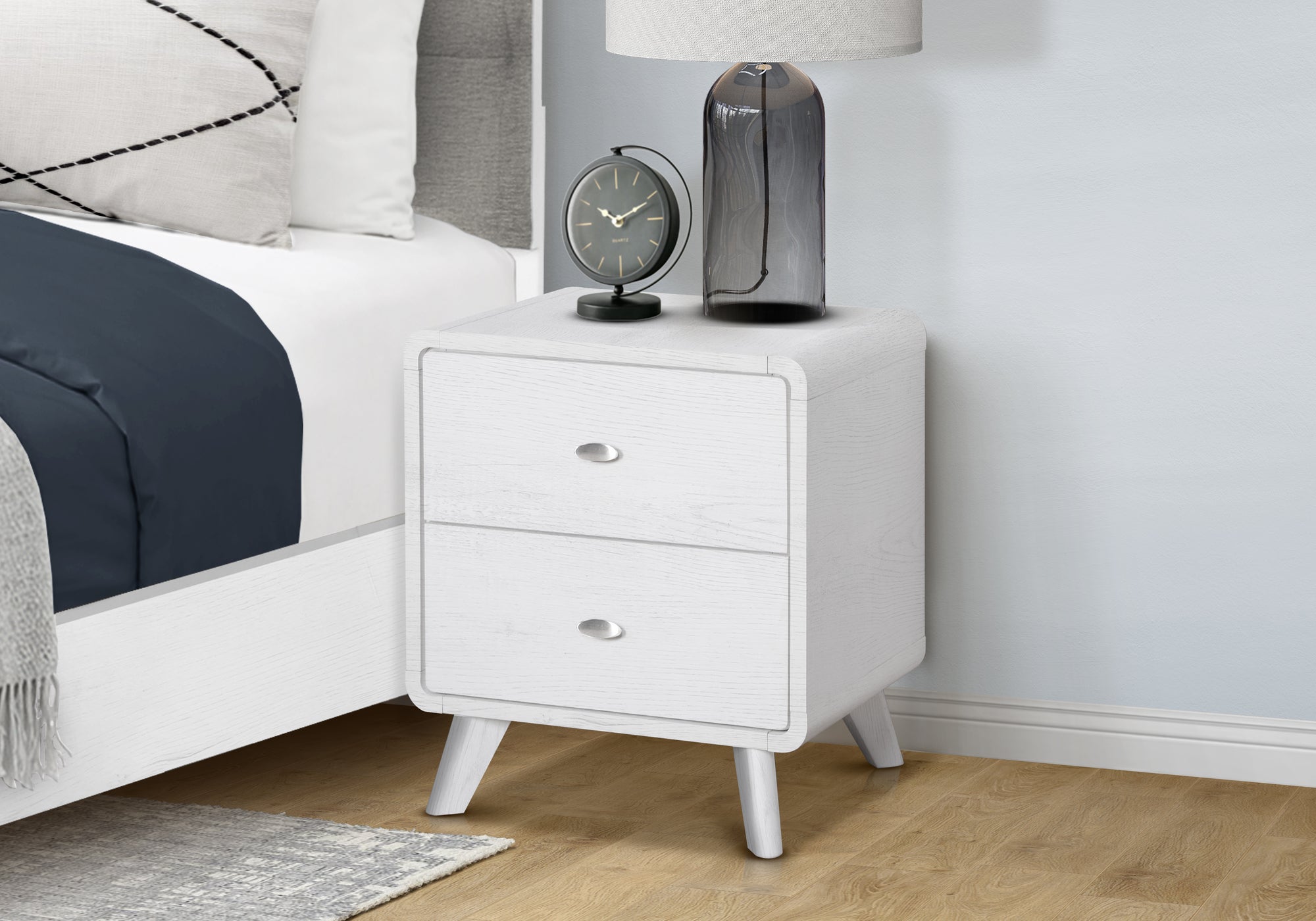 MN-905293    Bedroom Set, Two Drawer Nightstand, White Wood Grain, Mid Century, Modern