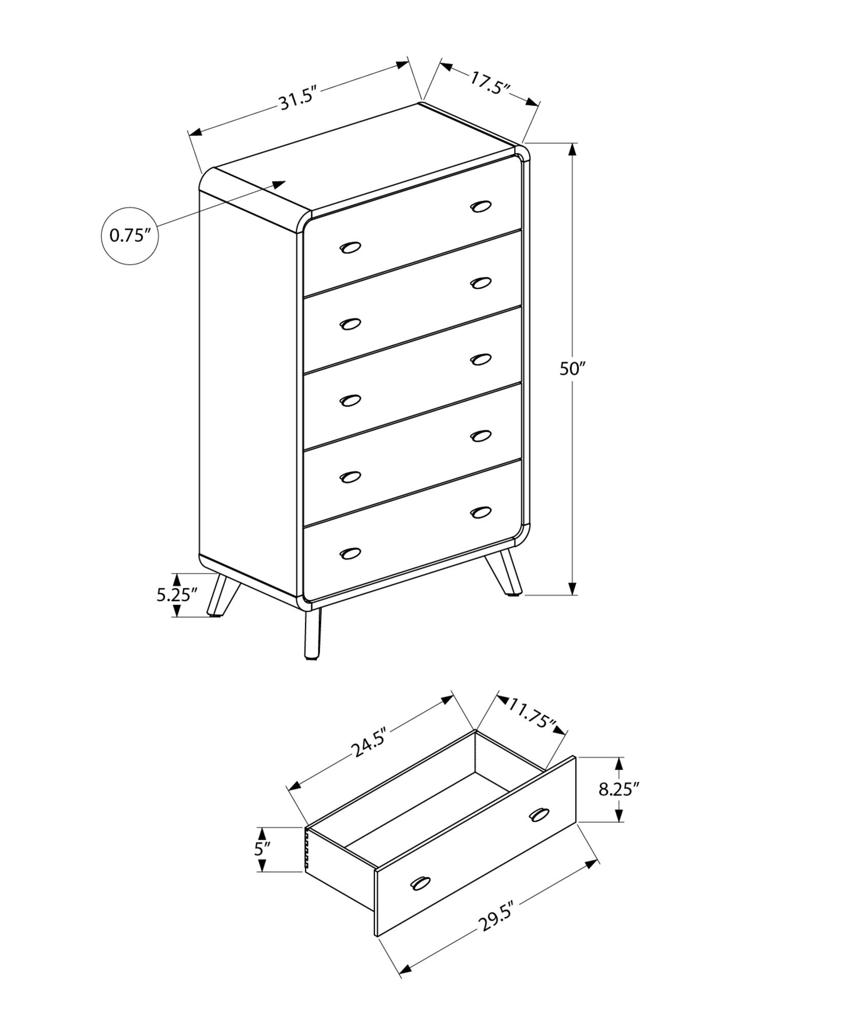 MN-915294    Bedroom Set, 5 Drawer Chest, White Wood Grain, Mid Century, Modern