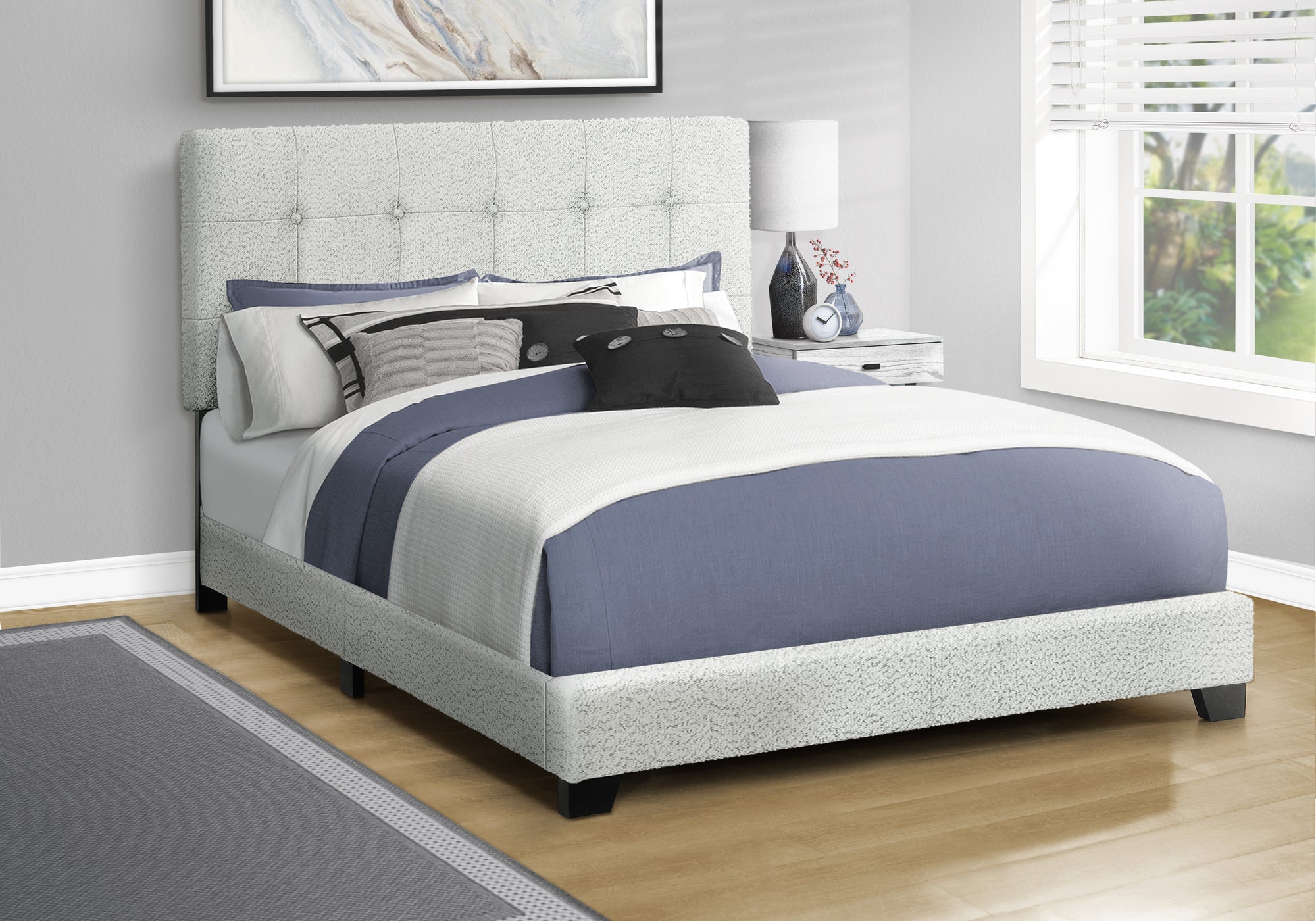 MN-505801Q    Bed, Queen Size, Upholstered, Frame Only, Bedroom, Light Grey Boucle, Transitional