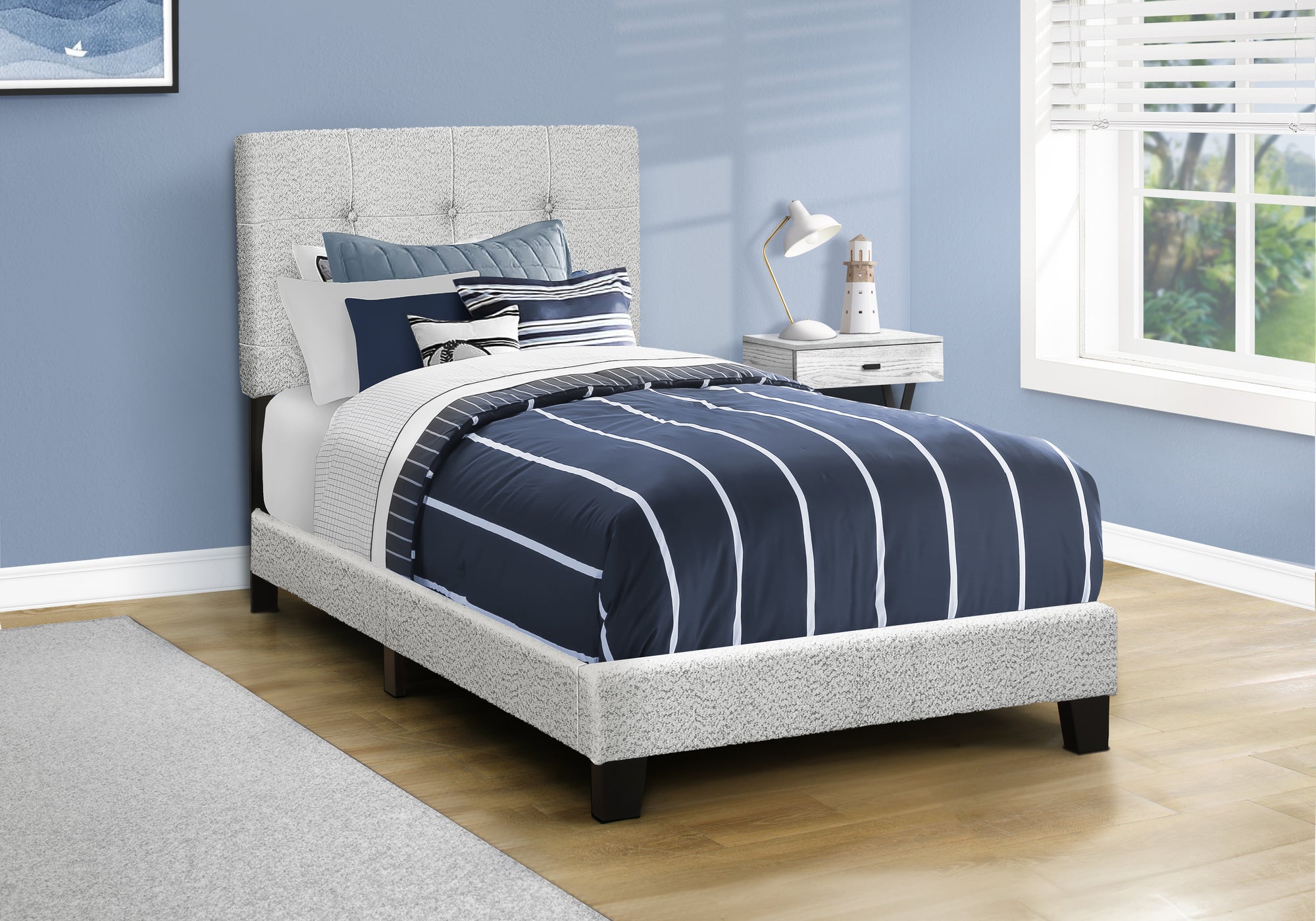 MN-Q545801T    Bed, Twin Size, Upholstered, Frame Only, Bedroom, Juvenile, Youth, Light Grey Boucle, Transitional