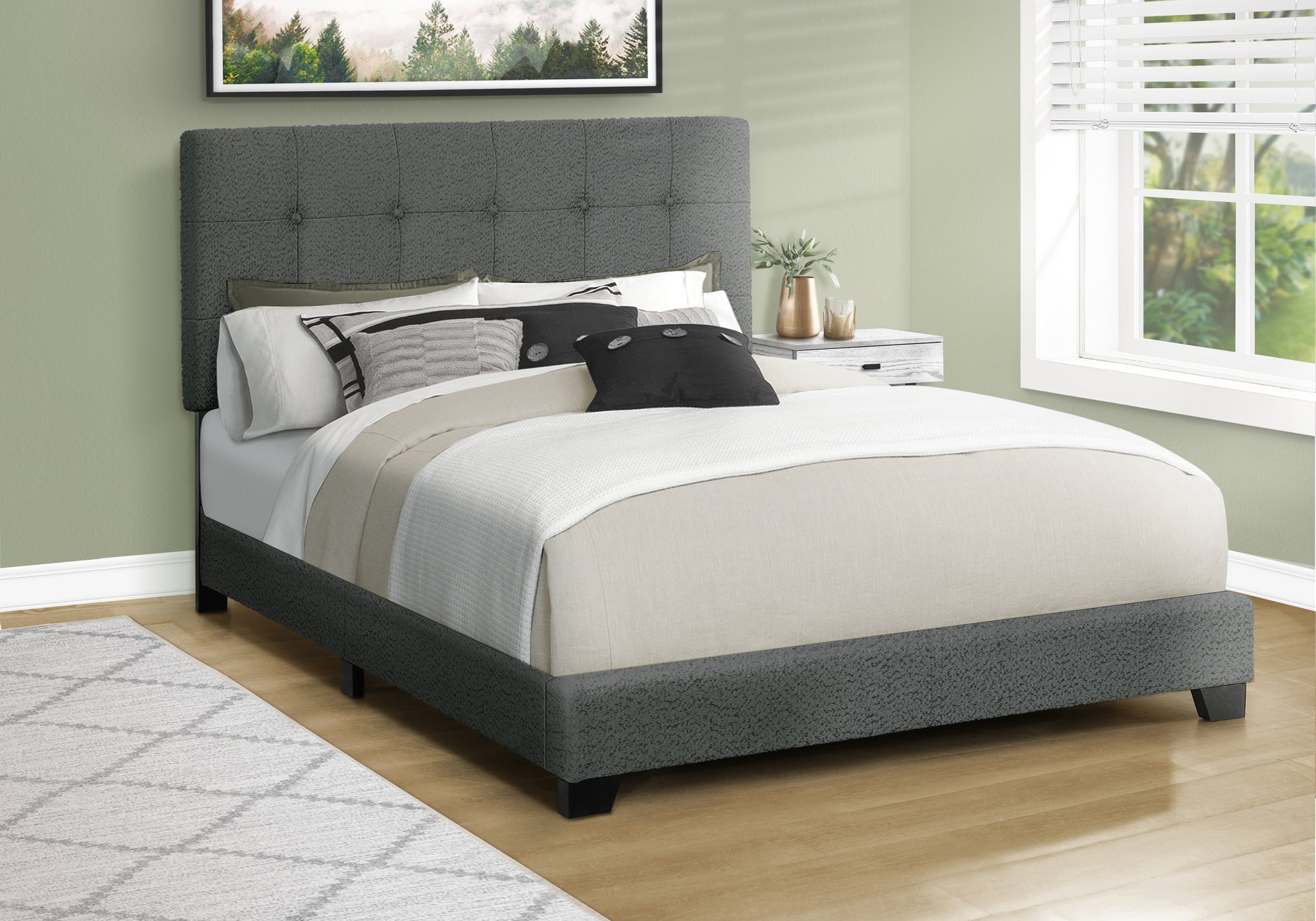 MN-D535803Q    Bed, Bedroom, Frame Only, Queen Size, Upholstered, Dark Grey Boucle, Transitional