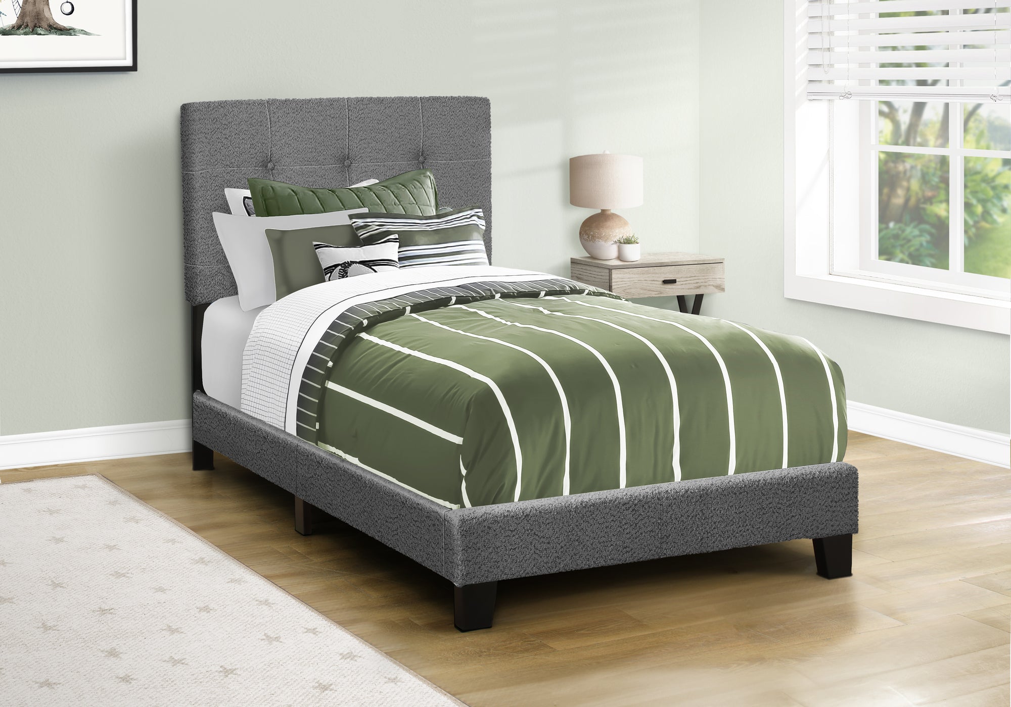 MN-Q545803T    Bed, Twin Size, Upholstered, Bedroom, Frame Only, Youth, Teen, Juvenile, Dark Grey Boucle, Transitional