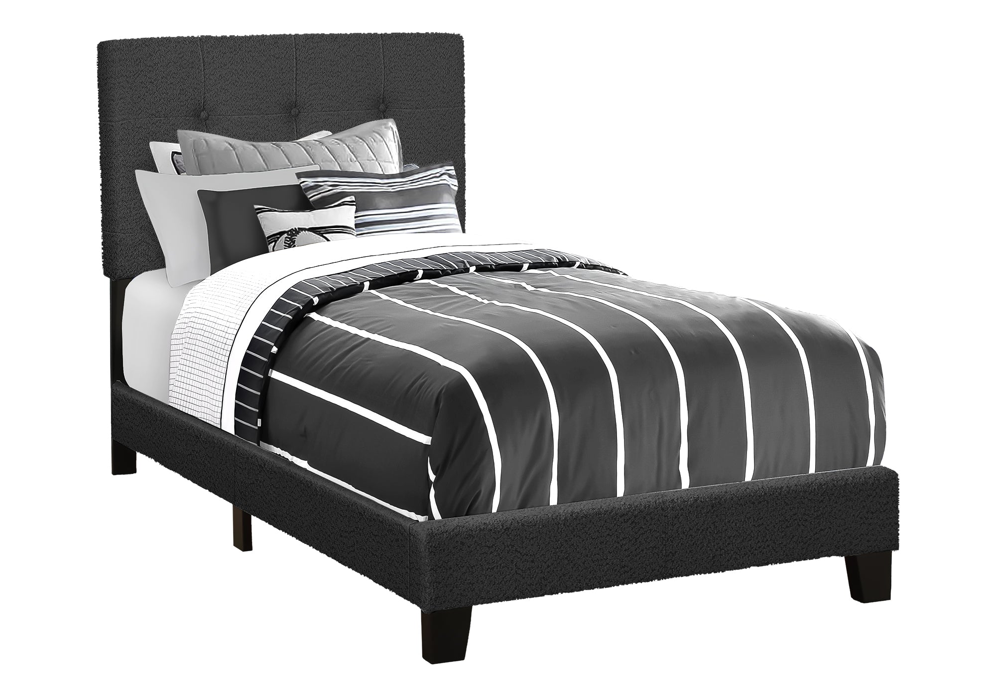 MN-Q545805T    Bed, Twin Size, Upholstered, Bedroom, Frame Only, Youth, Teen, Juvenile, Black Boucle, Transitional