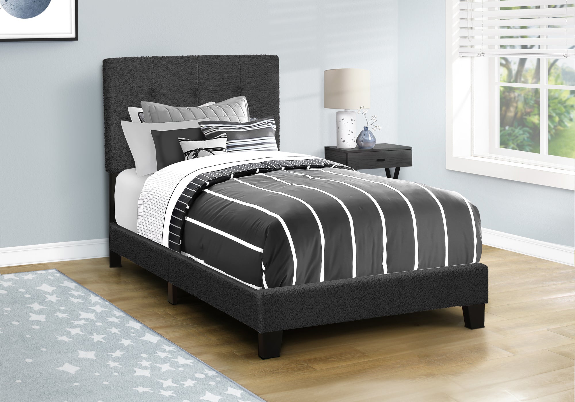 MN-Q545805T    Bed, Twin Size, Upholstered, Bedroom, Frame Only, Youth, Teen, Juvenile, Black Boucle, Transitional