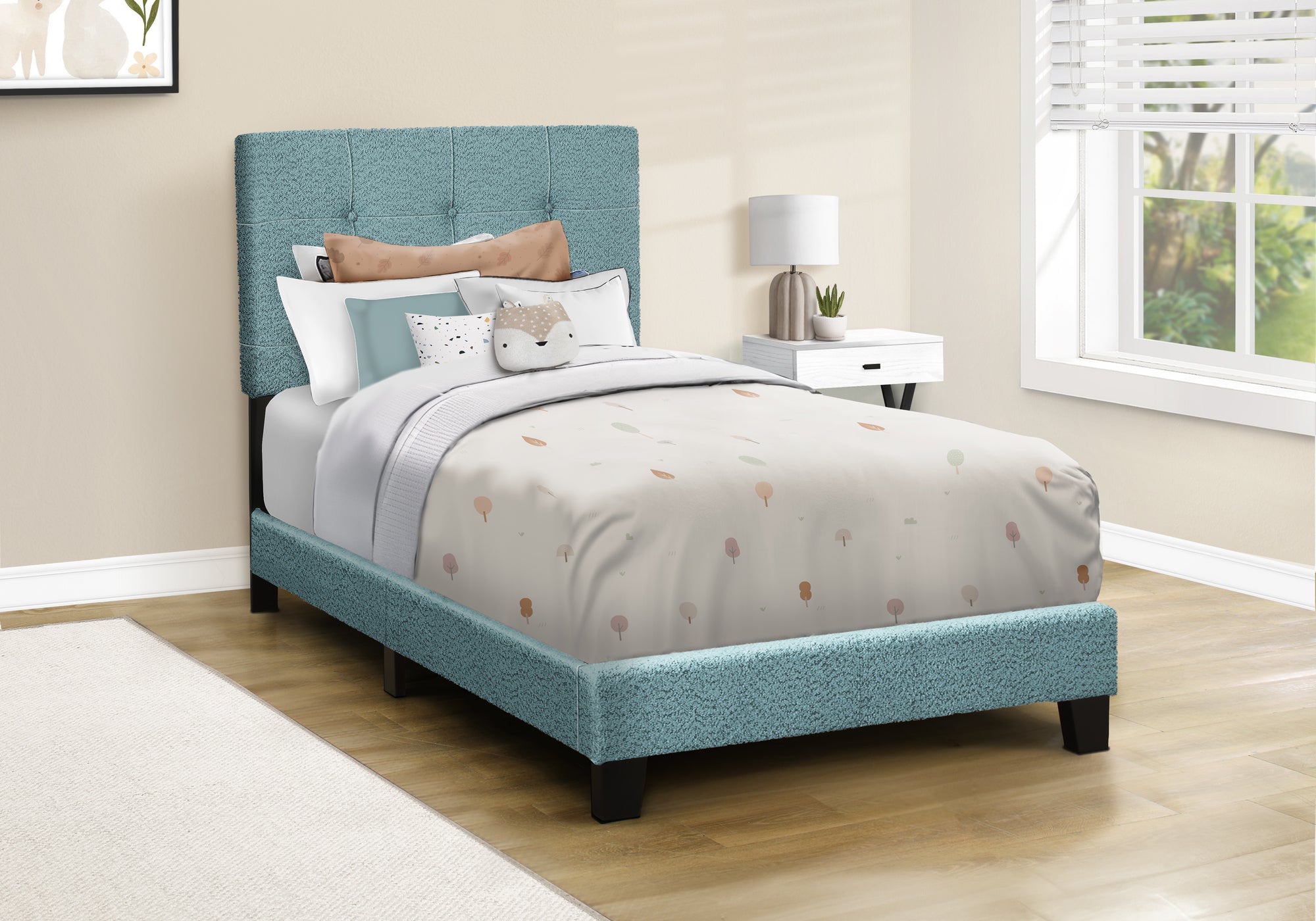 MN-Q545806T    Bed, Twin Size, Upholstered, Bedroom, Frame Only, Youth, Teen, Juvenile, Light Blue Boucle, Transitional