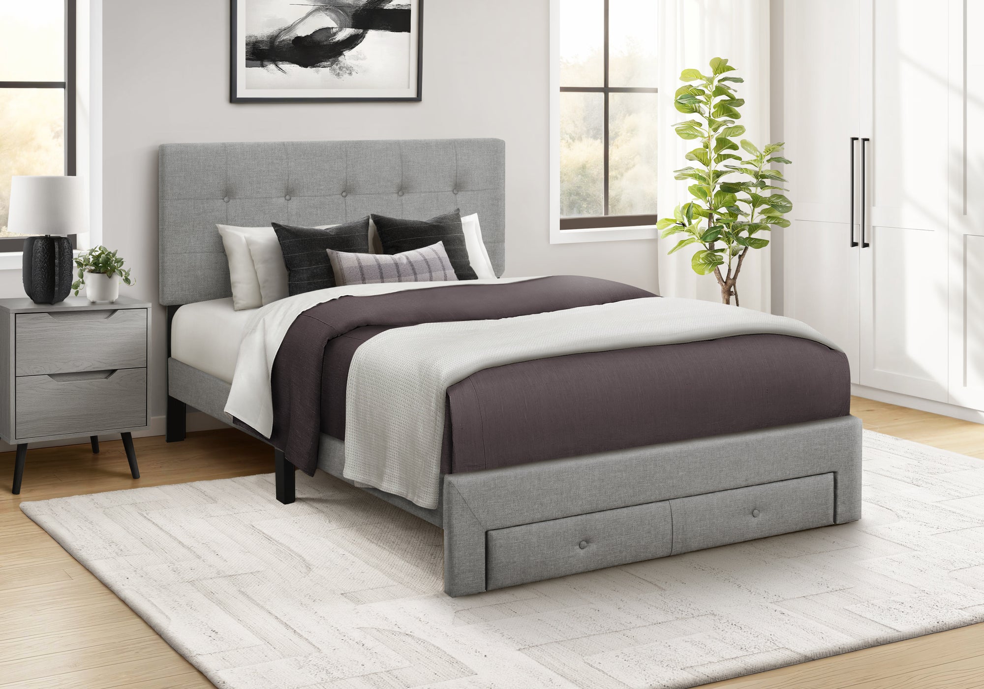 MN-415900F    Bed, Full Size, Platform Bed, Upholstered, Storage Drawers, Bedroom, Juvenile, Grey Linen Look, Transitional