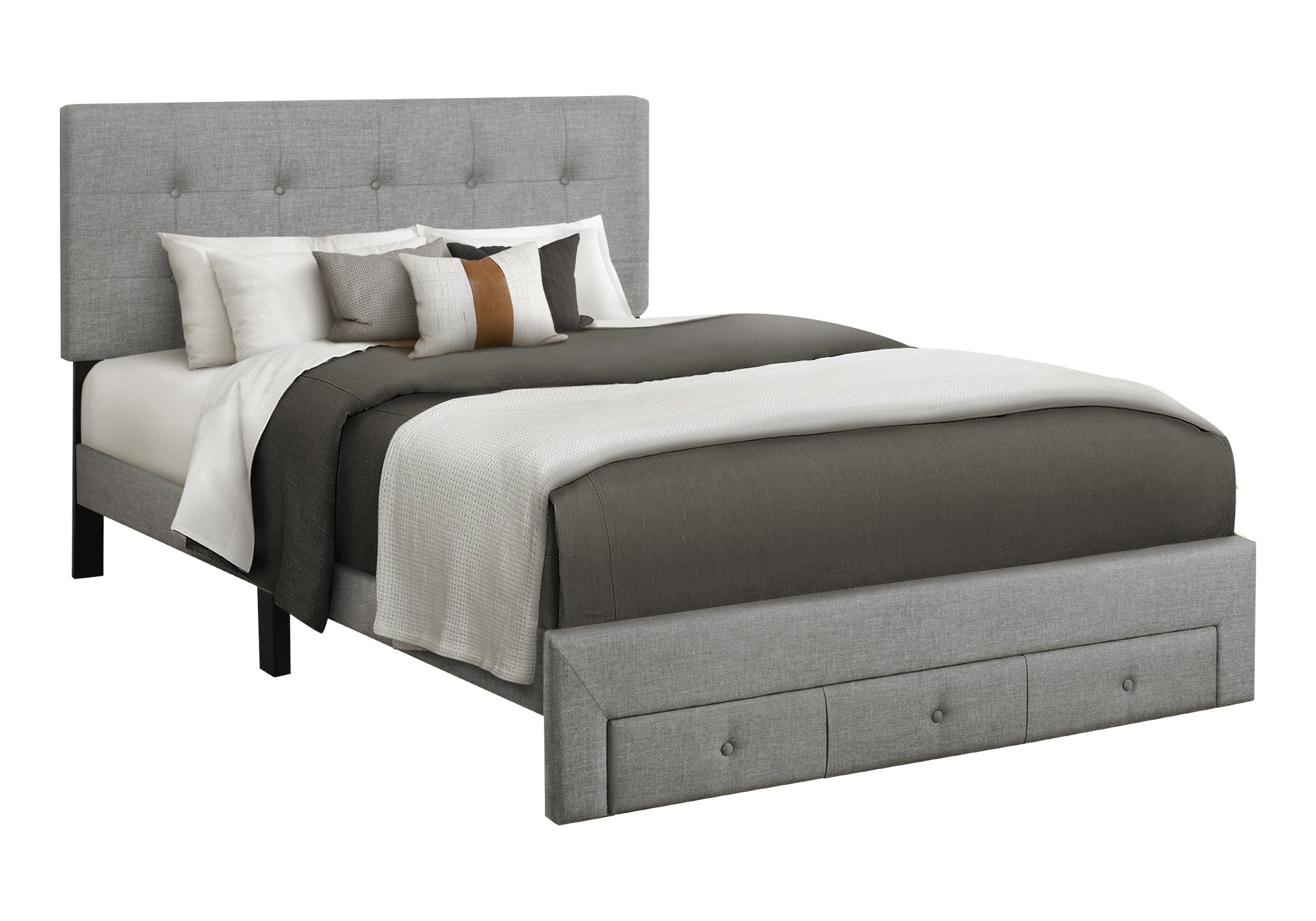 MN-425900Q    Bed, Queen Size, Platform Bed, Storage Drawers, Upholstered, Frame Only, Bedroom, Grey Linen Look, Transitional