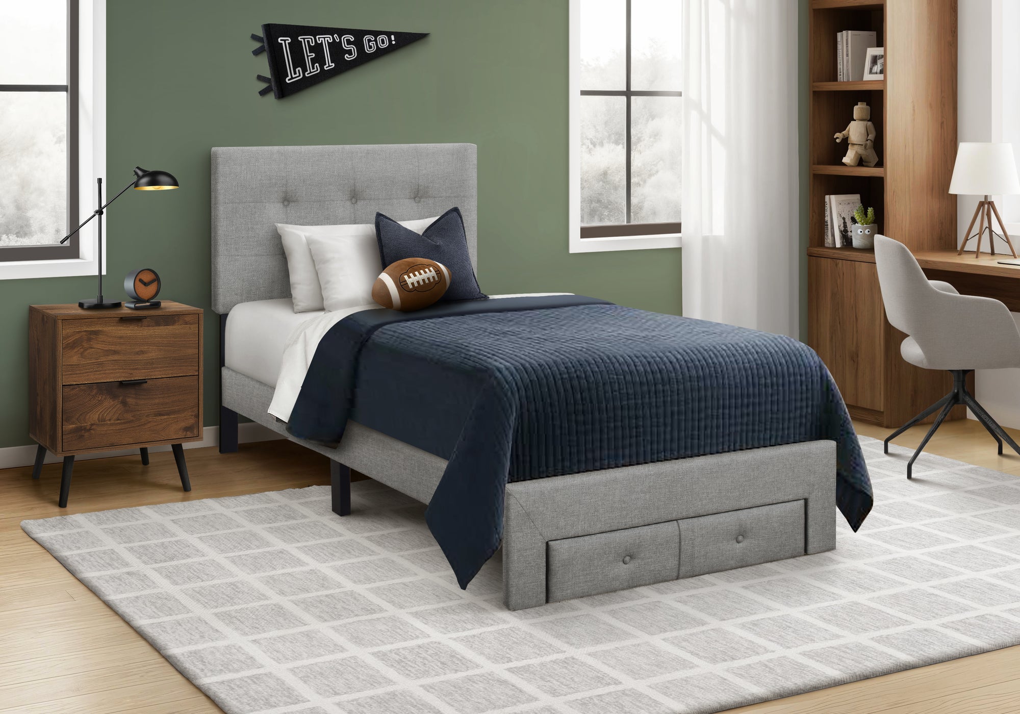MN-435900T    Bed, Twin Size, Platform Bed, Upholstered, Juvenile, Storage Drawers, Frame Only, Bedroom, Grey Linen Look, Transitional