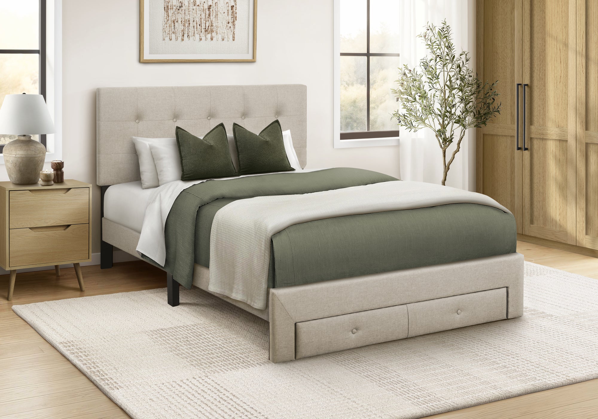 MN-445901F    Bed, Full Size, Platform Bed, Upholstered, Storage Drawers, Bedroom, Juvenile, Beige Linen Look, Transitional