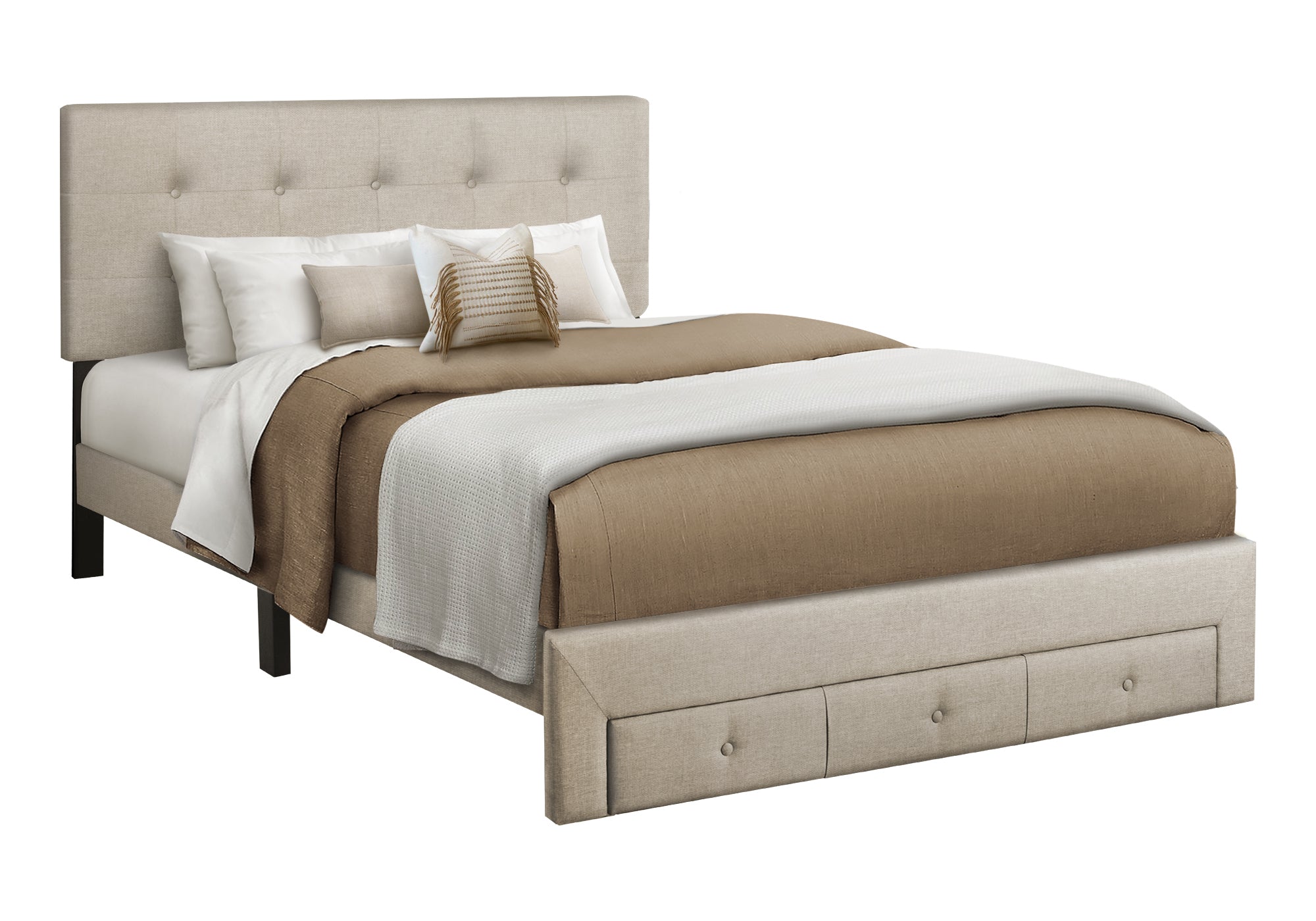 MN-455901Q    Bed, Queen Size, Platform Bed, Storage Drawers, Upholstered, Frame Only, Bedroom, Beige Linen Look, Transitional