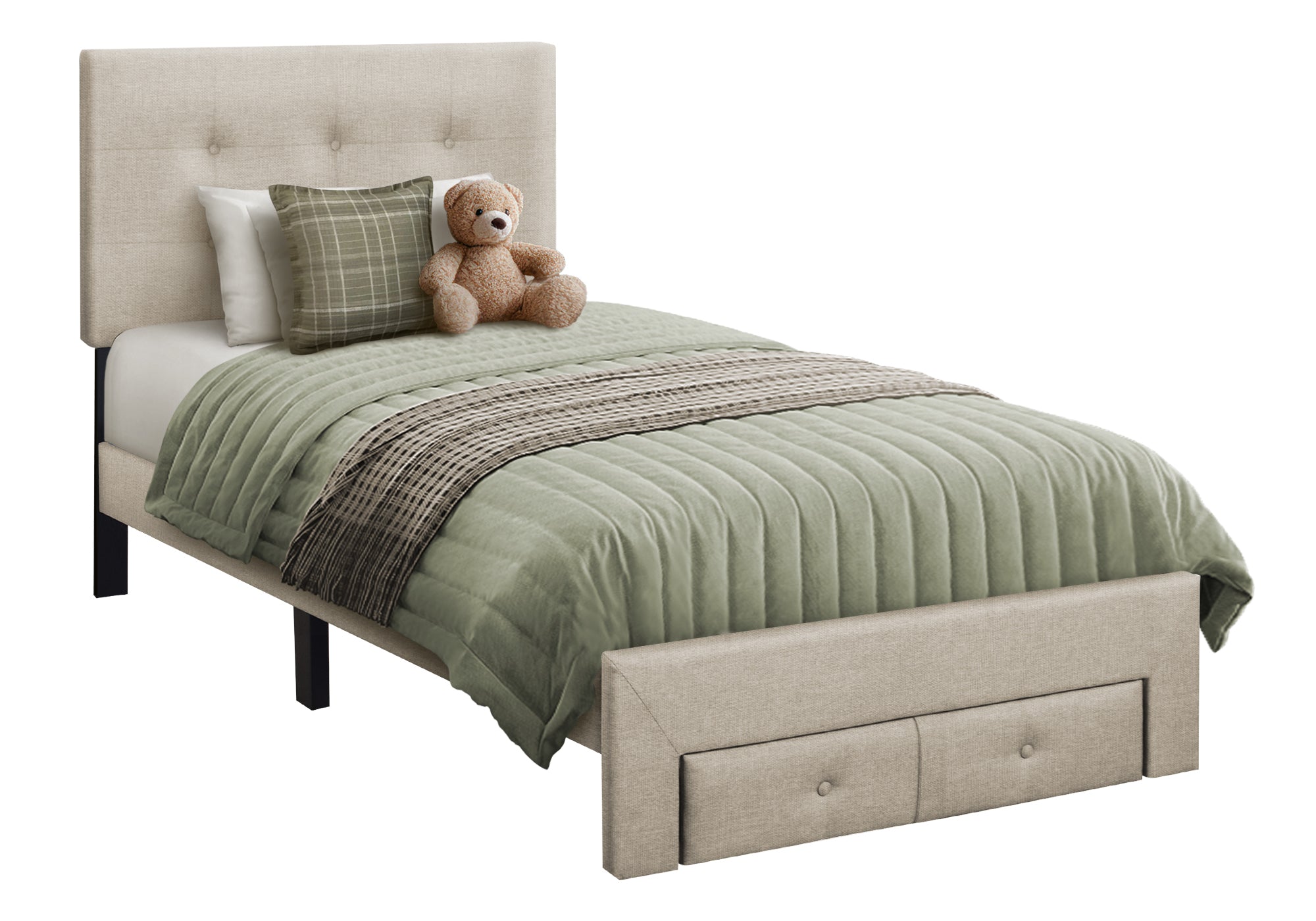 MN-465901T    Bed, Twin Size, Platform Bed, Upholstered, Juvenile, Storage Drawers, Frame Only, Bedroom, Beige Linen Look, Transitional