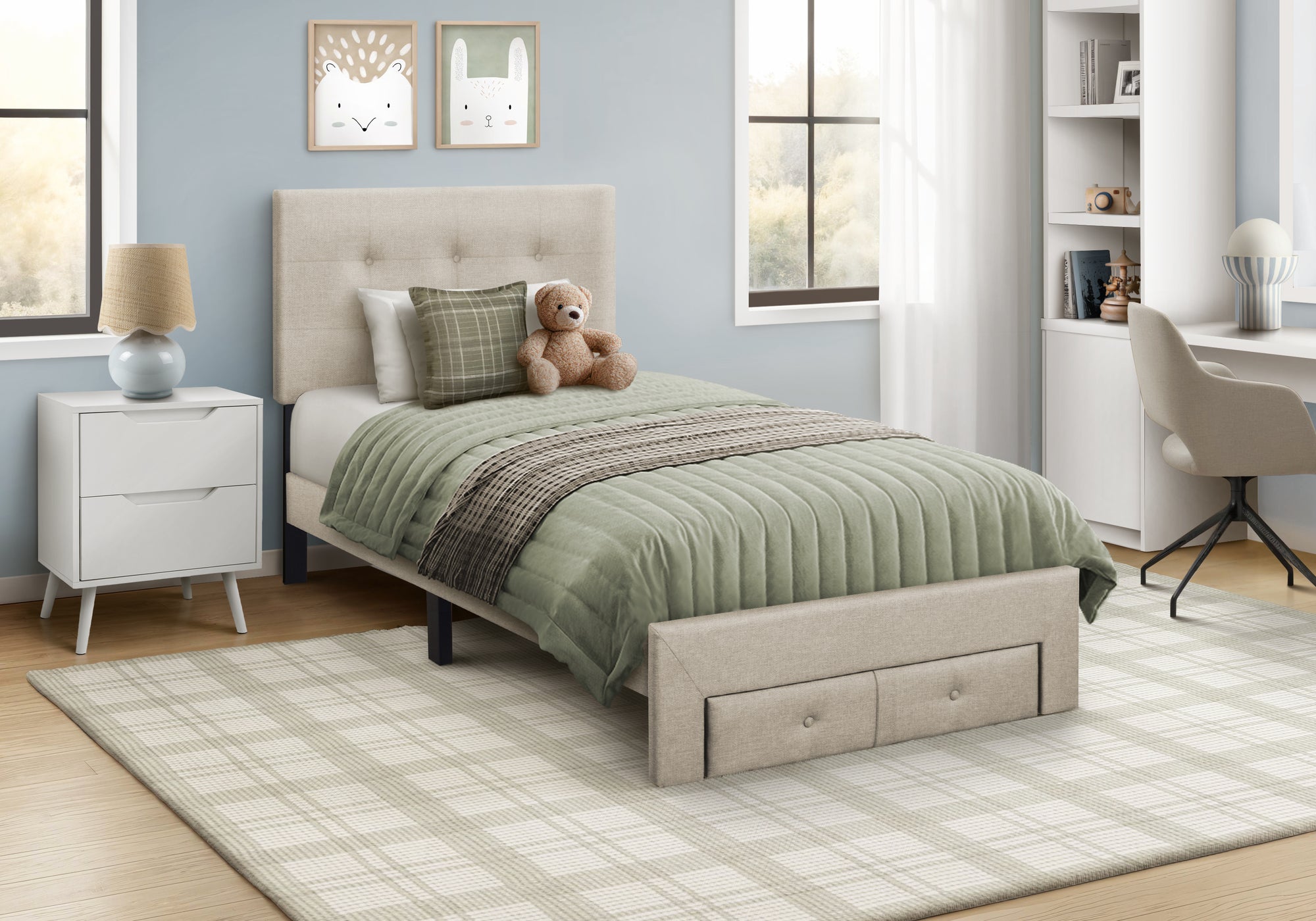 MN-465901T    Bed, Twin Size, Platform Bed, Upholstered, Juvenile, Storage Drawers, Frame Only, Bedroom, Beige Linen Look, Transitional