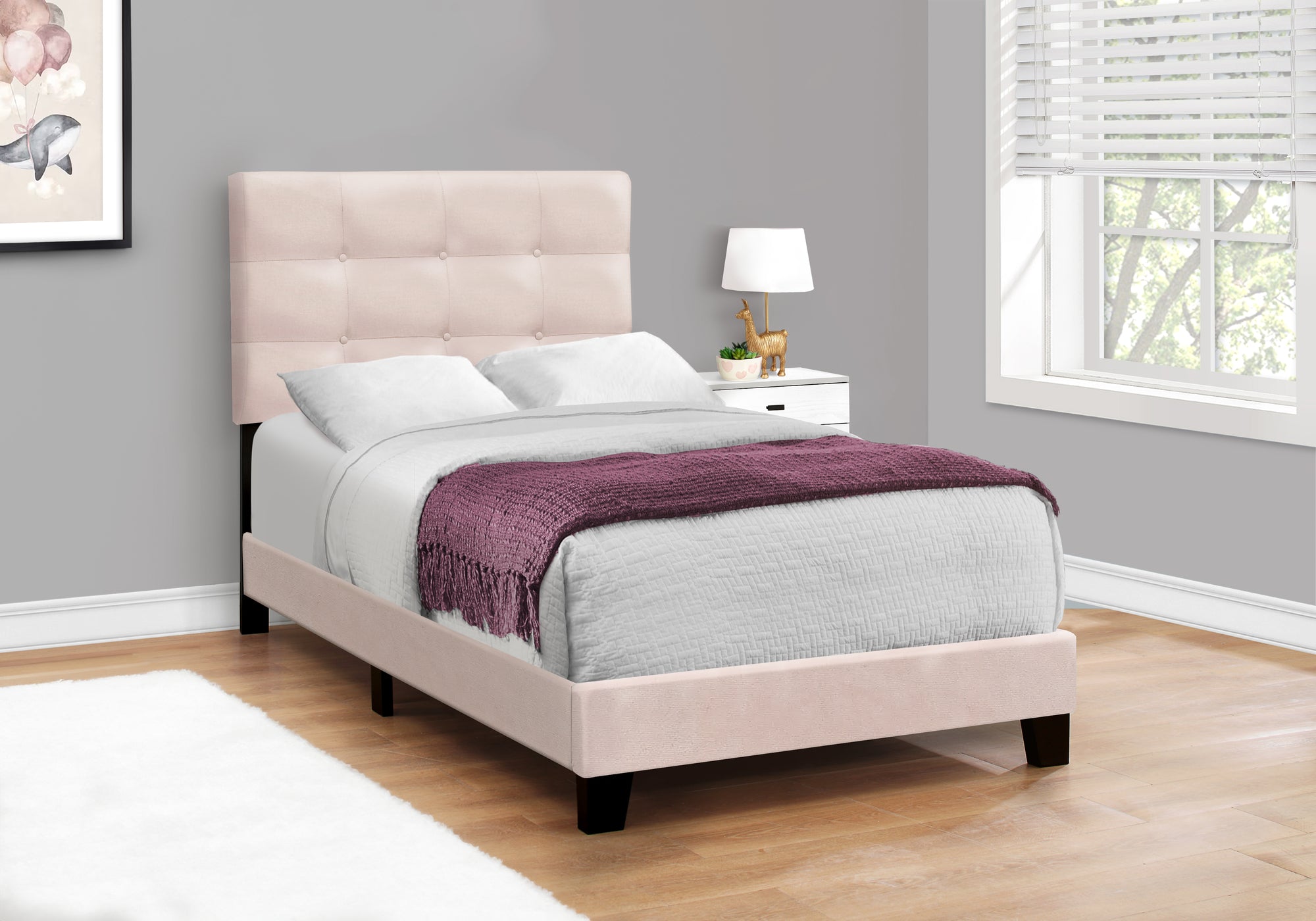 MN-Q545916T    Bed, Twin Size, Upholstered, Bedroom, Frame Only, Youth, Teen, Juvenile, Pink Velvet, Transitional