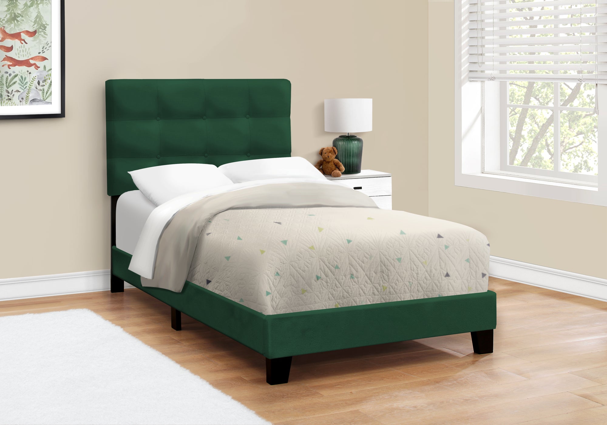 MN-Q545917T    Bed, Twin Size, Upholstered, Bedroom, Frame Only, Youth, Teen, Juvenile, Green Velvet, Transitional