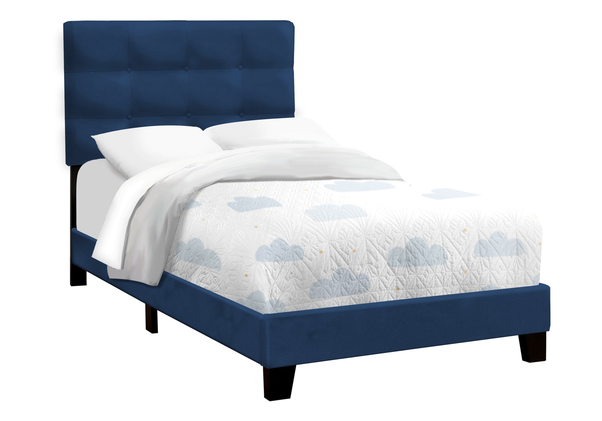 MN-Q545918T    Bed, Twin Size, Upholstered, Bedroom, Frame Only, Youth, Teen, Juvenile, Blue Velvet, Transitional