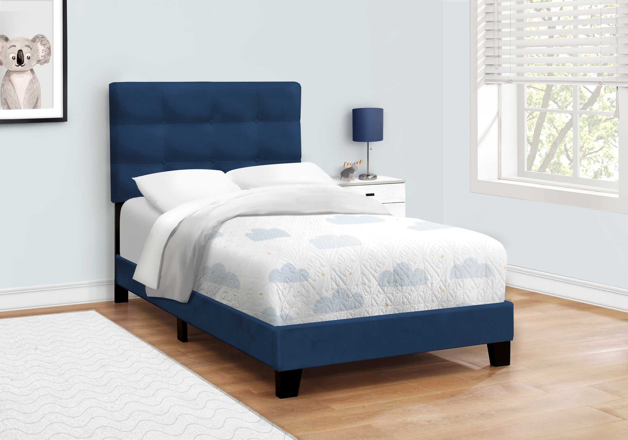 MN-Q545918T    Bed, Twin Size, Upholstered, Bedroom, Frame Only, Youth, Teen, Juvenile, Blue Velvet, Transitional