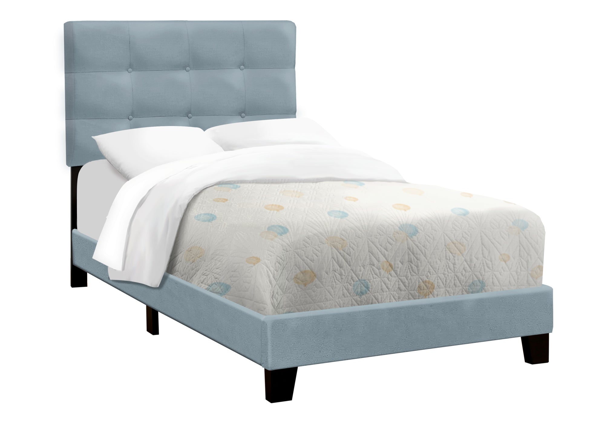 MN-Q545919T    Bed, Twin Size, Upholstered, Bedroom, Frame Only, Youth, Teen, Juvenile, Light Blue Velvet, Transitional