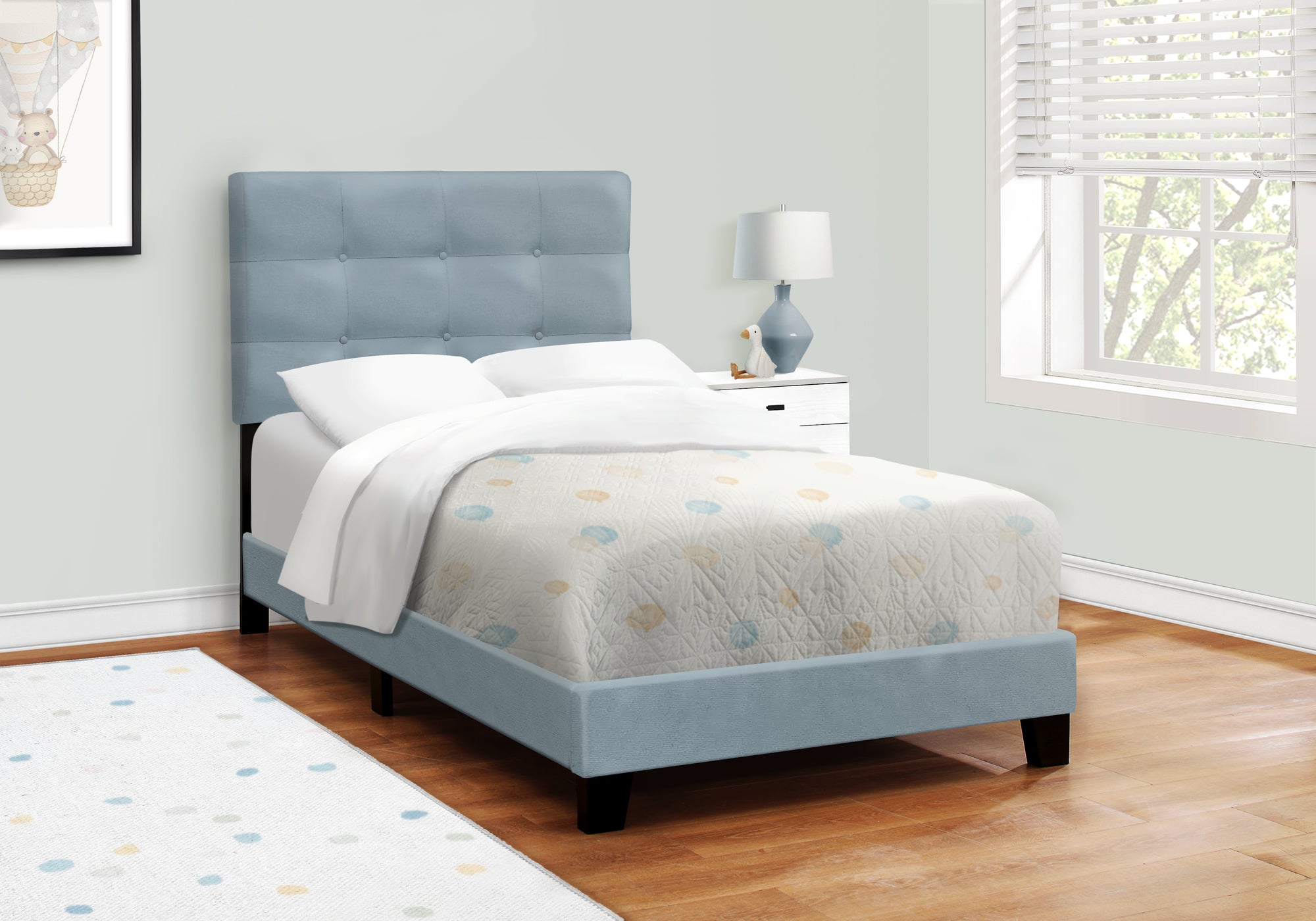 MN-Q545919T    Bed, Twin Size, Upholstered, Bedroom, Frame Only, Youth, Teen, Juvenile, Light Blue Velvet, Transitional